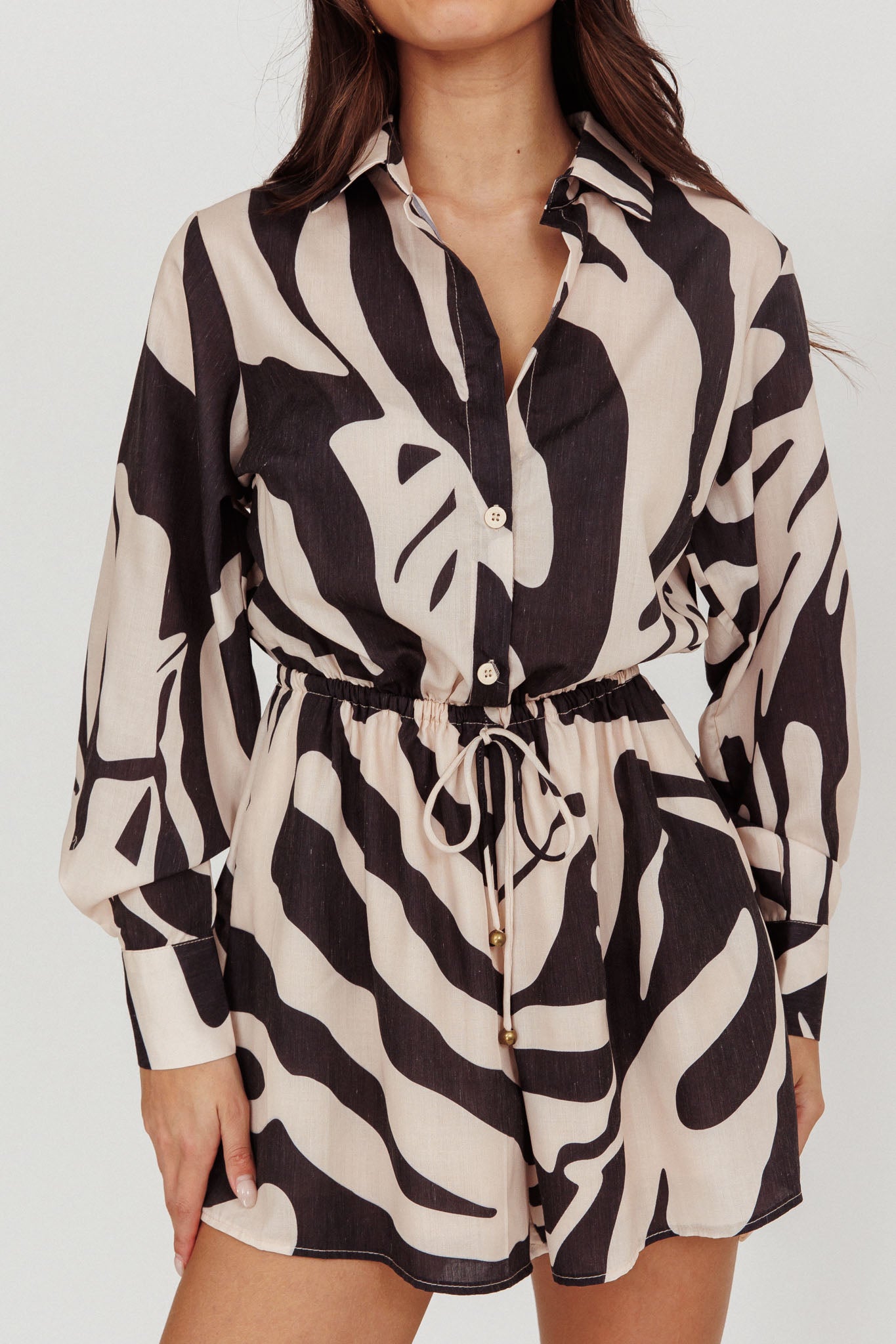 Tiki Long Sleeve Romper Print Beige by Selfie Leslie