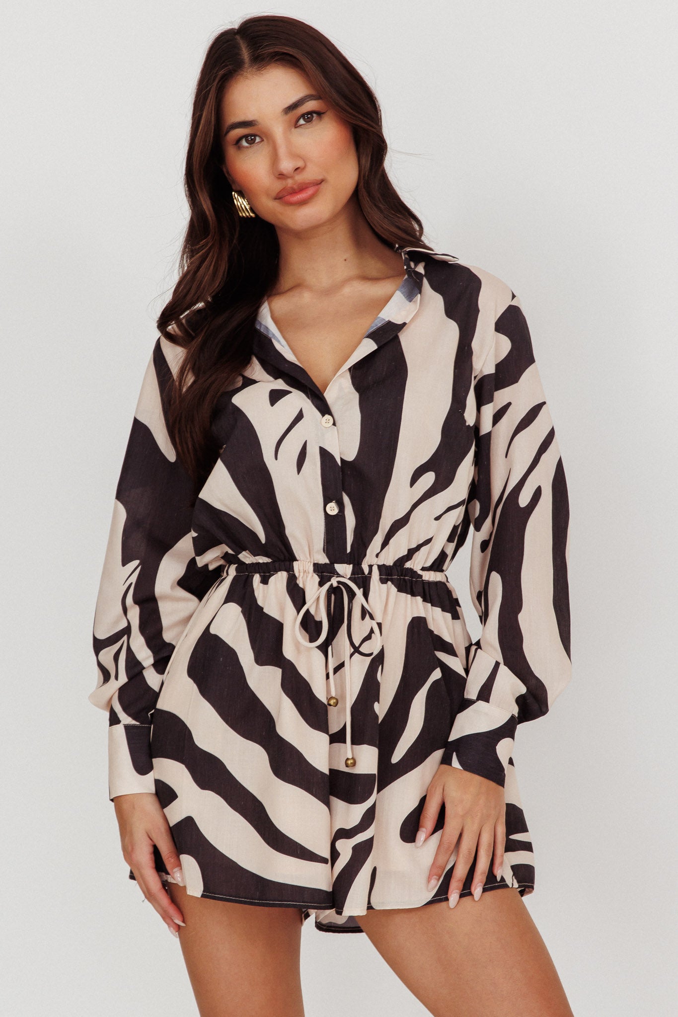 Tiki Long Sleeve Romper Print Beige by Selfie Leslie