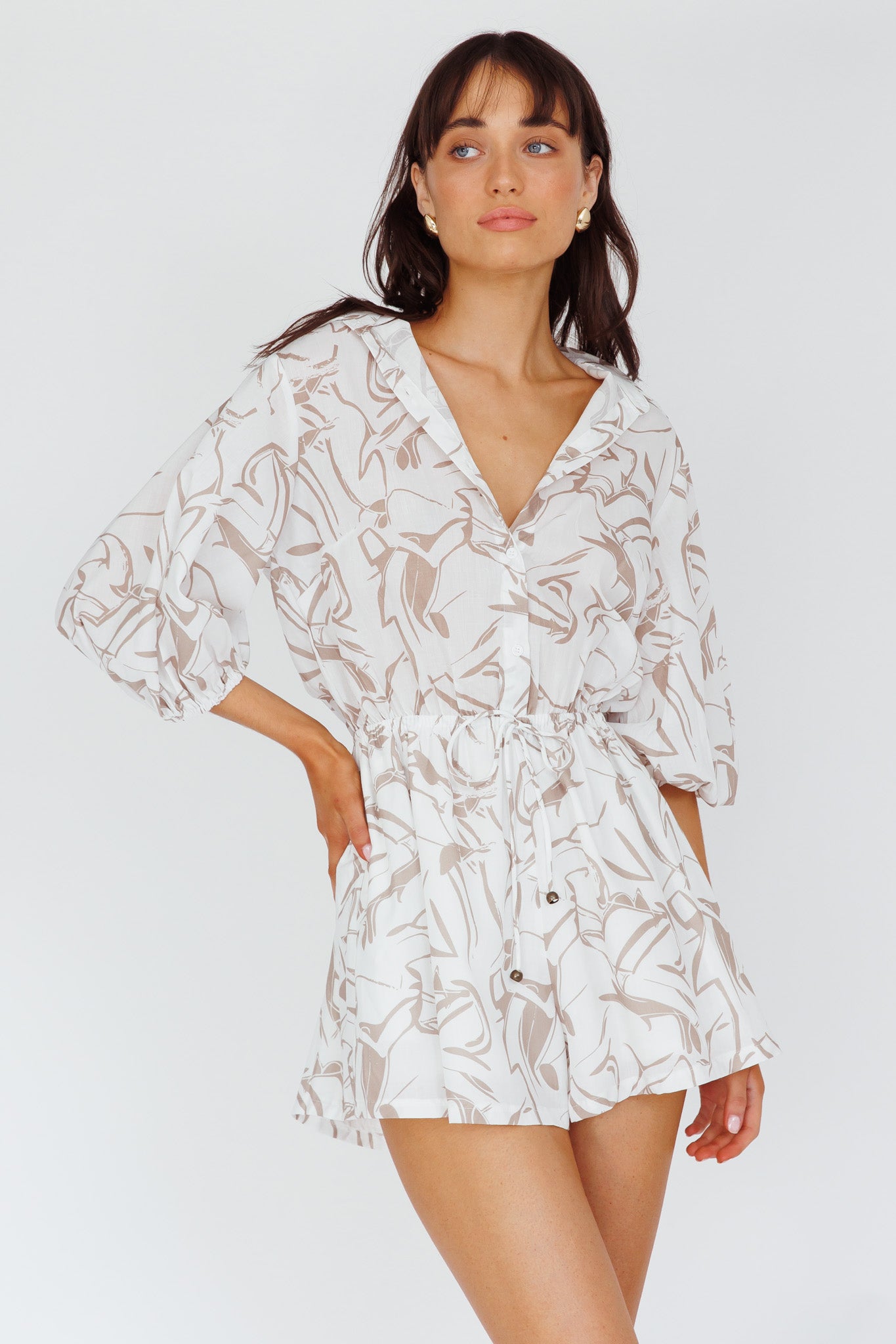 Tiki Puff Sleeve Drawstring Romper Print Beige by Selfie Leslie