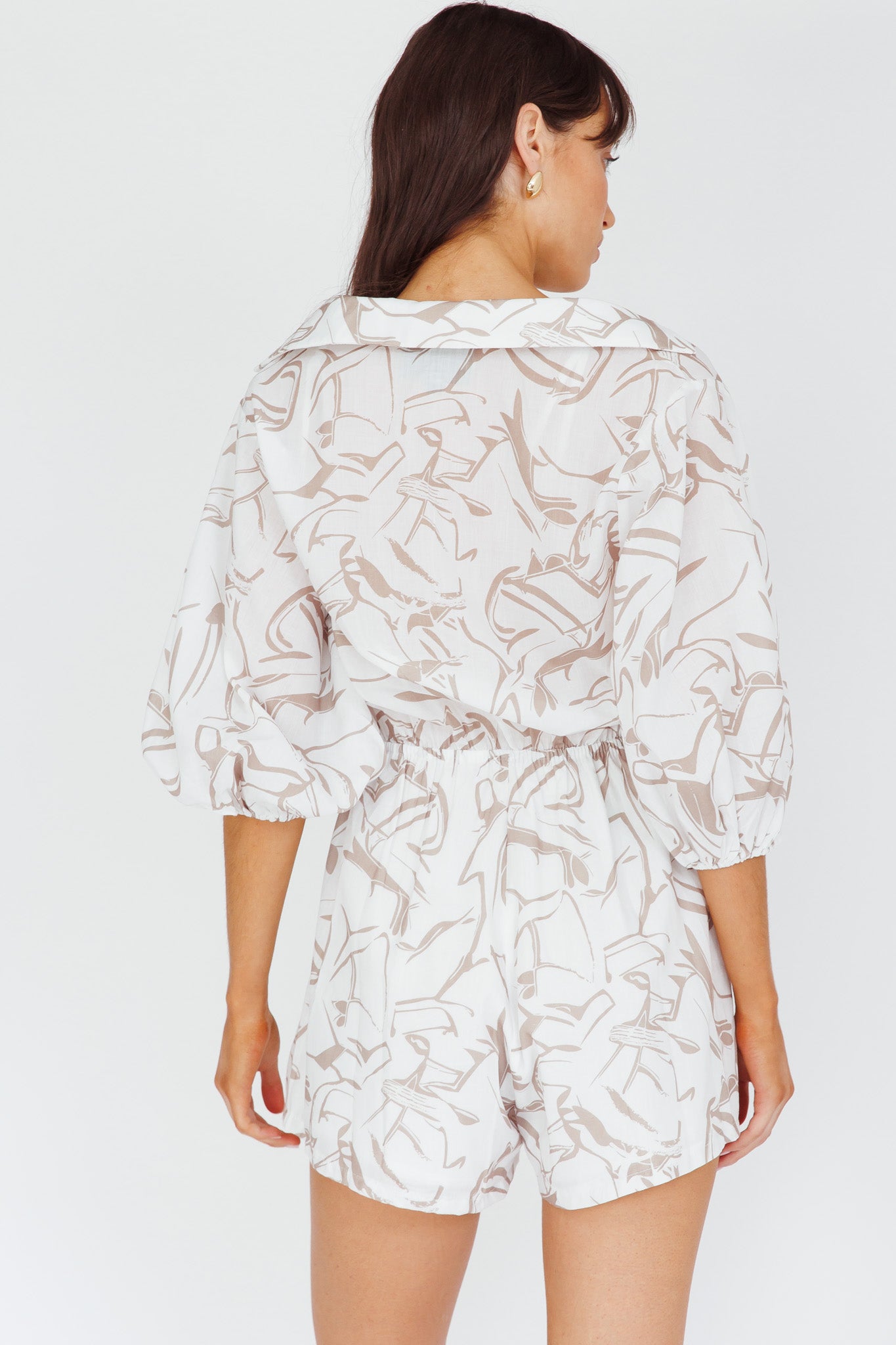 Tiki Puff Sleeve Drawstring Romper Print Beige by Selfie Leslie