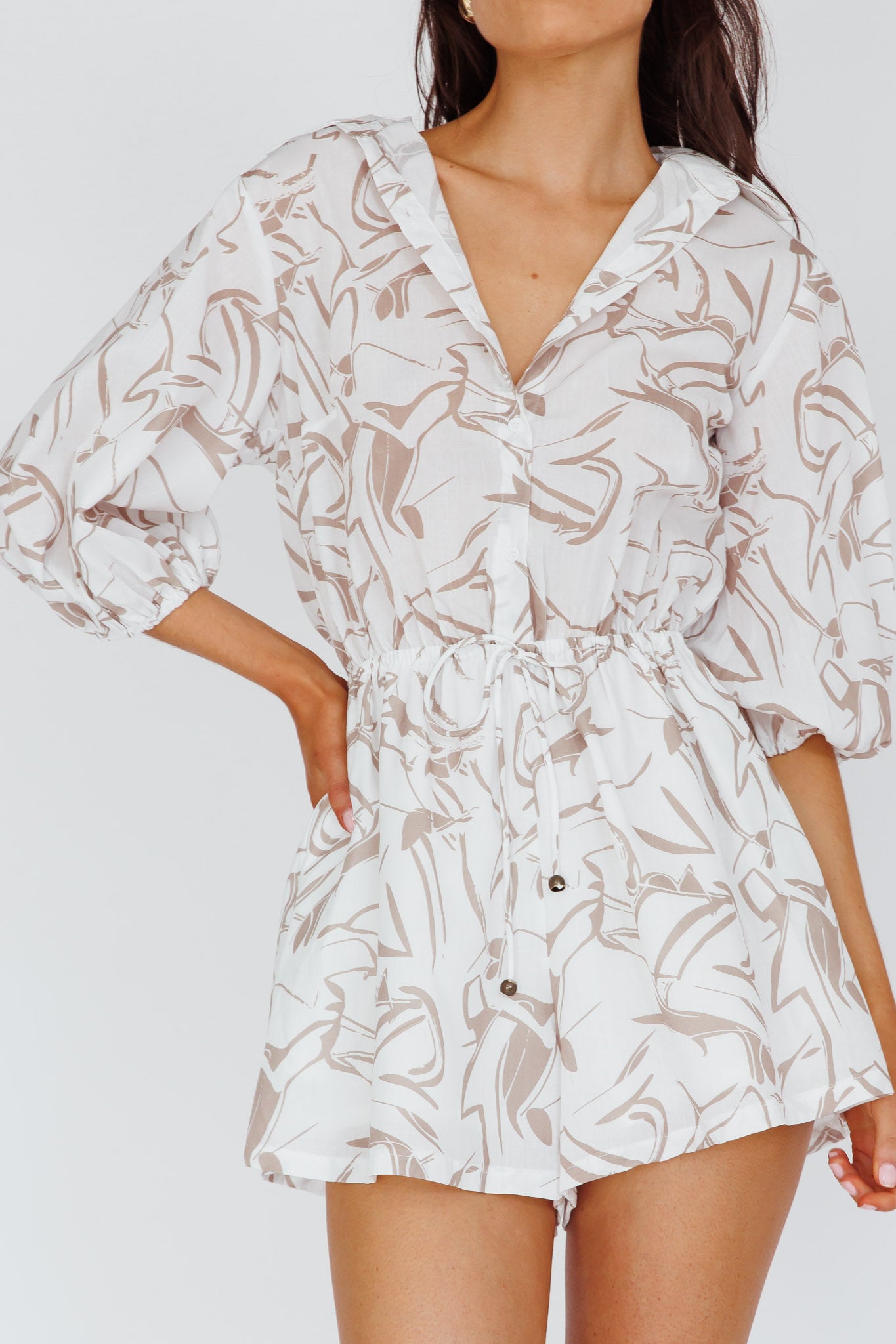 Tiki Puff Sleeve Drawstring Romper Print Beige by Selfie Leslie