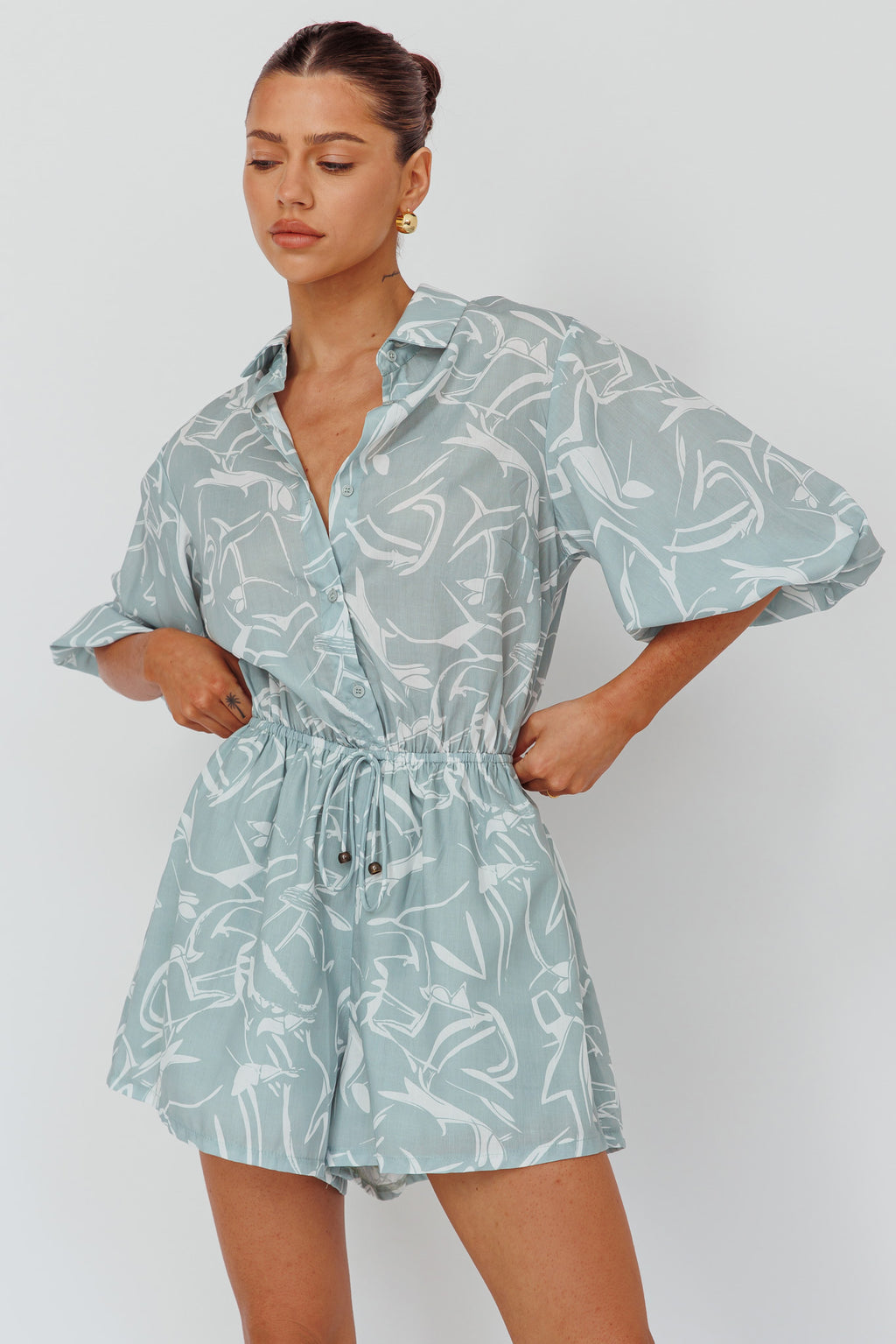 Tiki Puff Sleeve Drawstring Romper Print Sage by Selfie Leslie