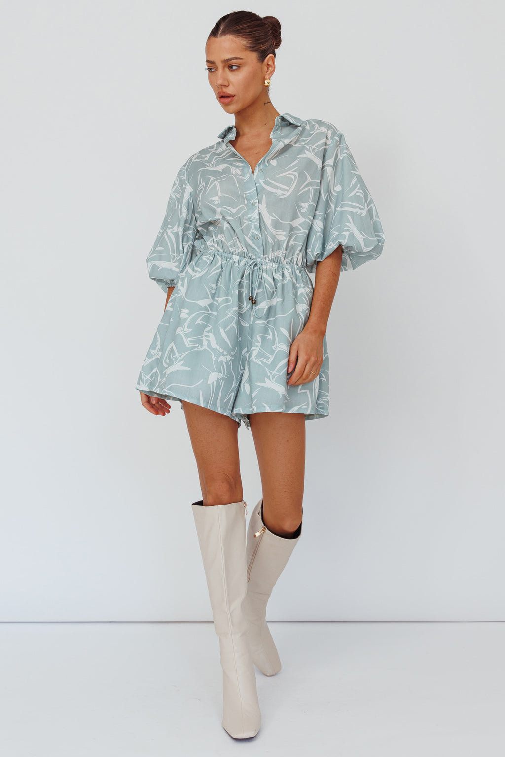 Tiki Puff Sleeve Drawstring Romper Print Sage by Selfie Leslie