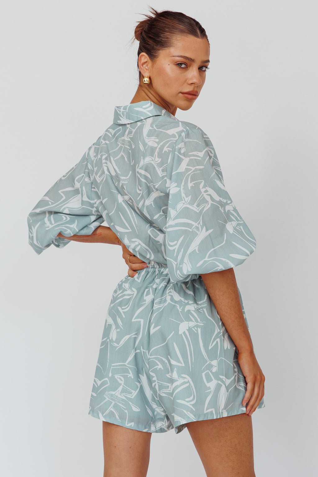 Tiki Puff Sleeve Drawstring Romper Print Sage by Selfie Leslie