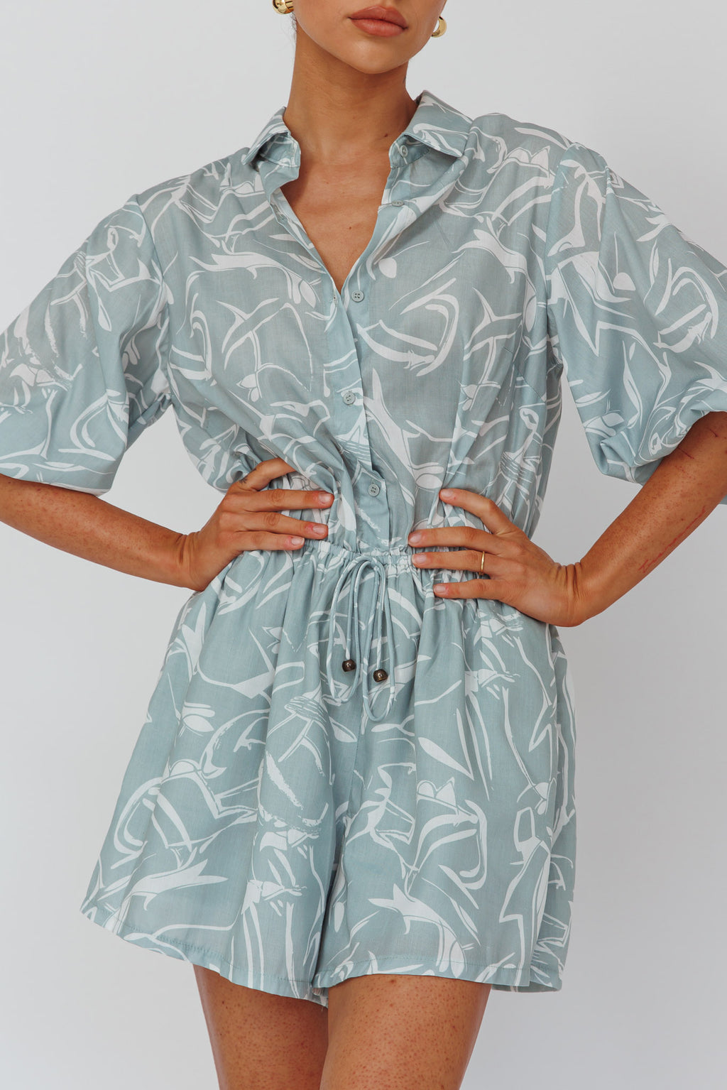 Tiki Puff Sleeve Drawstring Romper Print Sage by Selfie Leslie