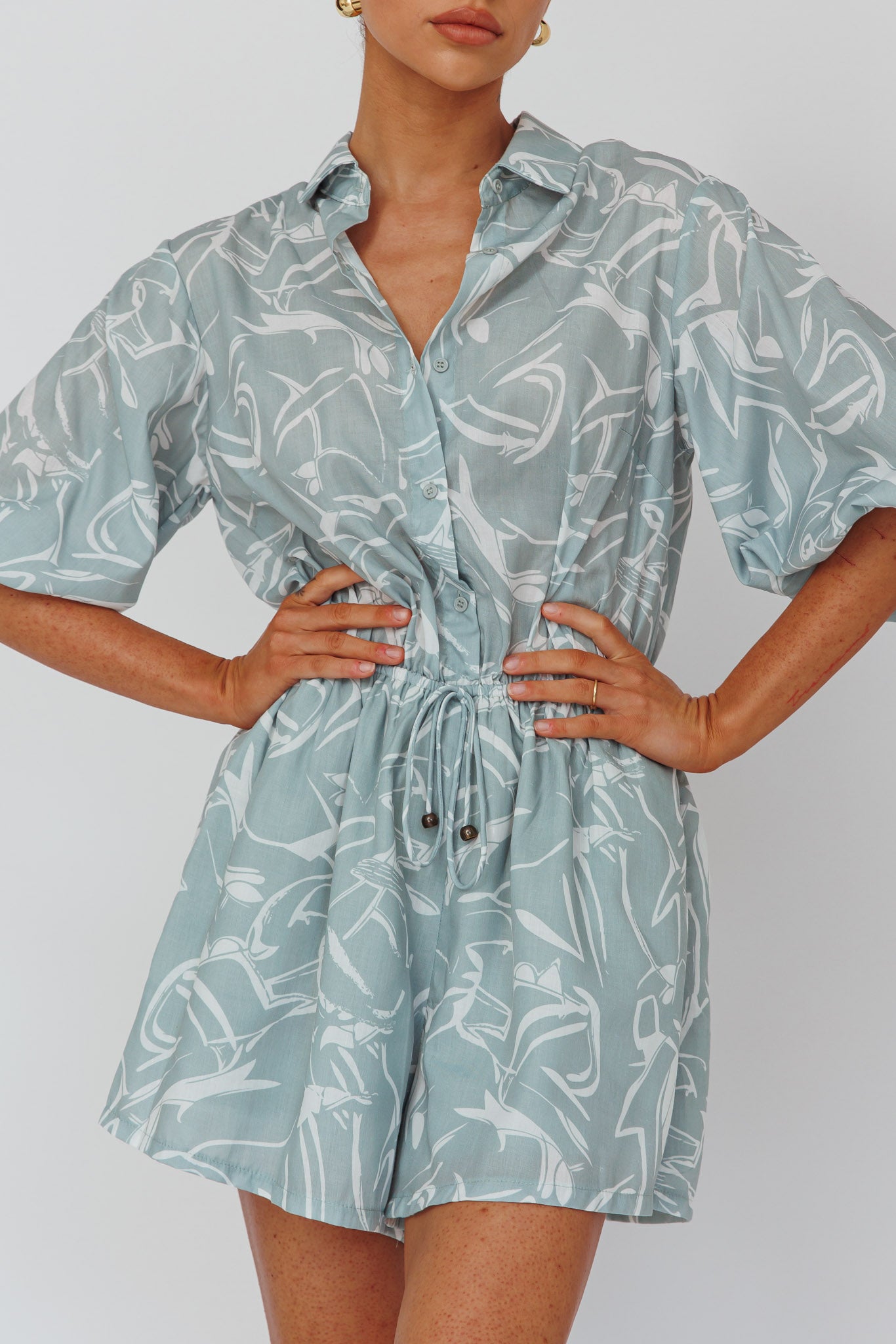 Tiki Puff Sleeve Drawstring Romper Print Sage by Selfie Leslie
