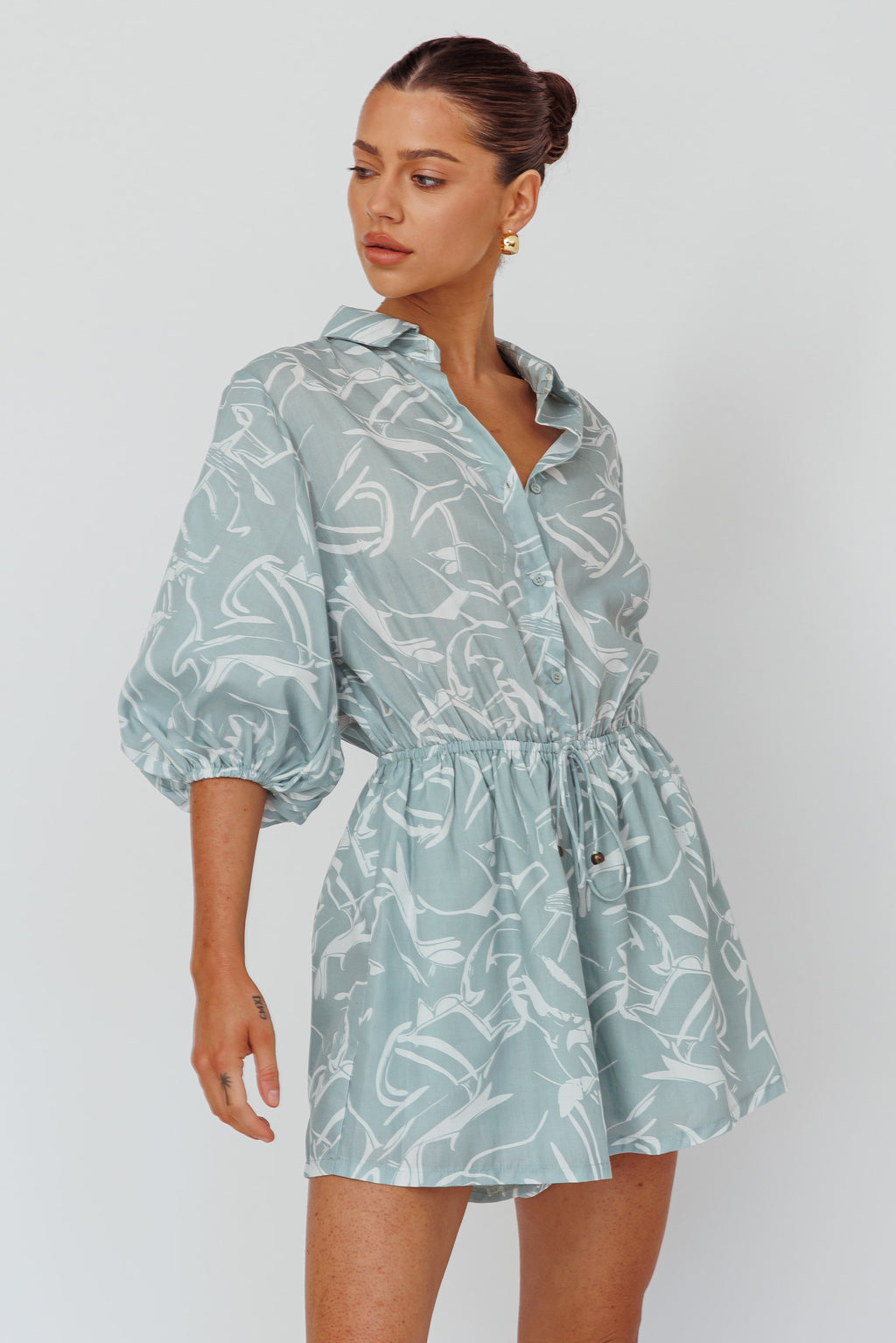 Tiki Puff Sleeve Drawstring Romper Print Sage by Selfie Leslie