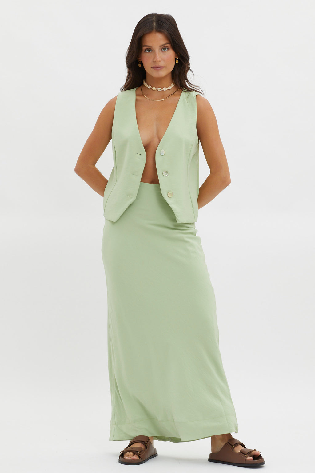 Philomena Button Vest Top Sage by Selfie Leslie