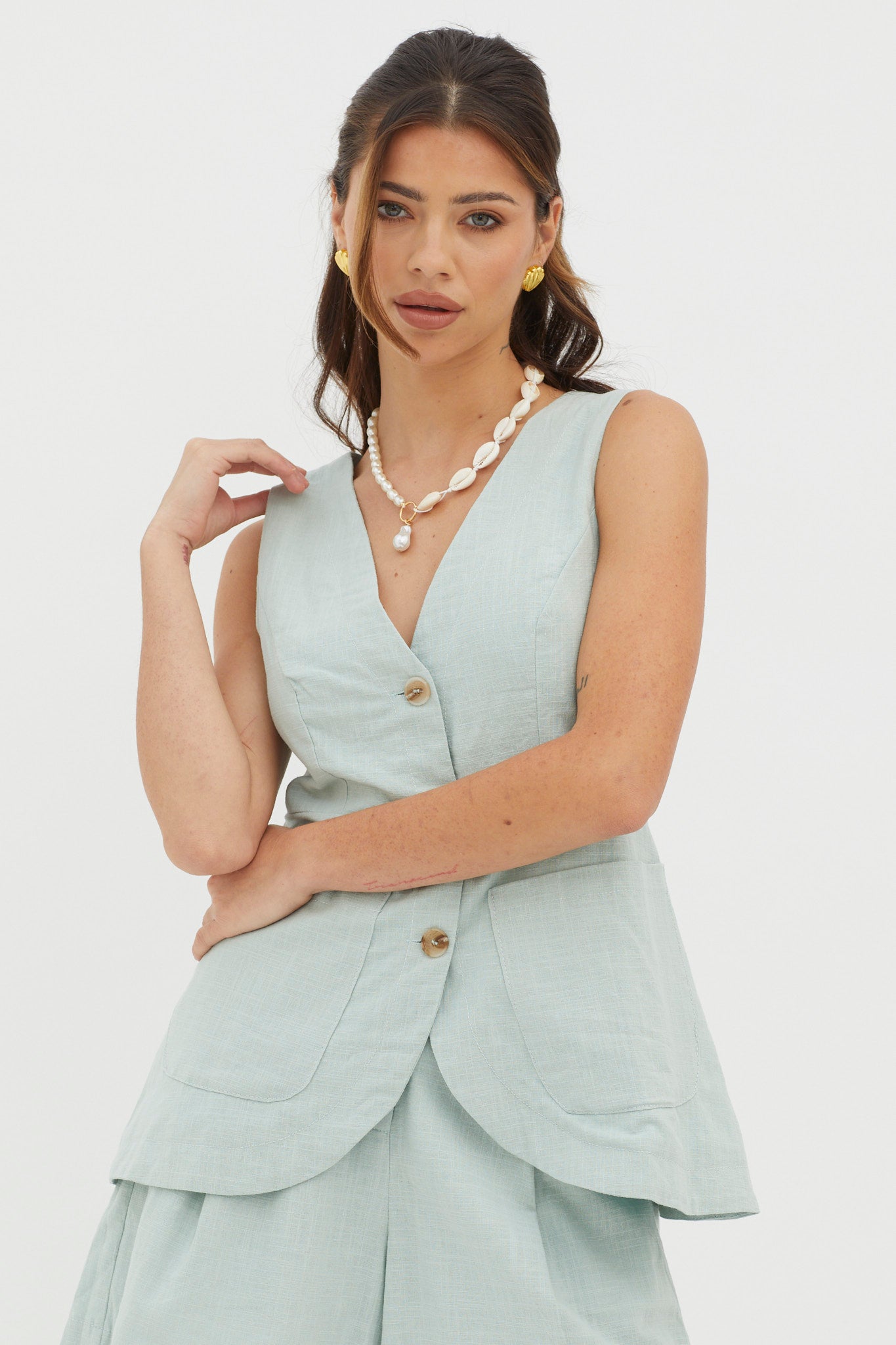 Philomena Button Pocket Vest Top Sage by Selfie Leslie