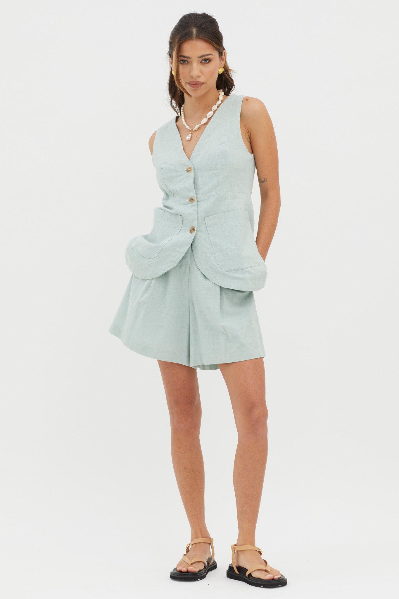 Philomena Button Pocket Vest Top Sage by Selfie Leslie