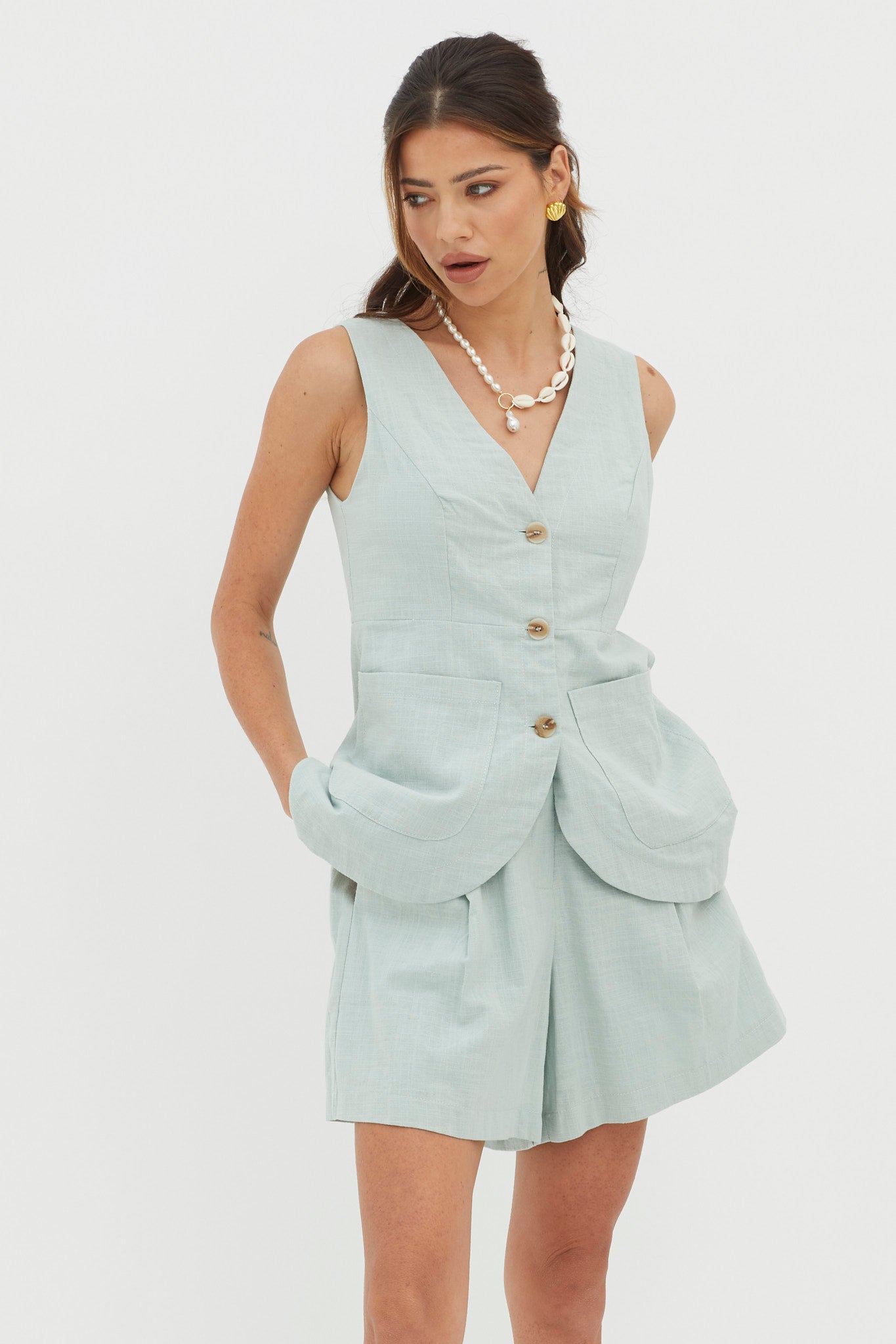 Philomena Button Pocket Vest Top Sage by Selfie Leslie