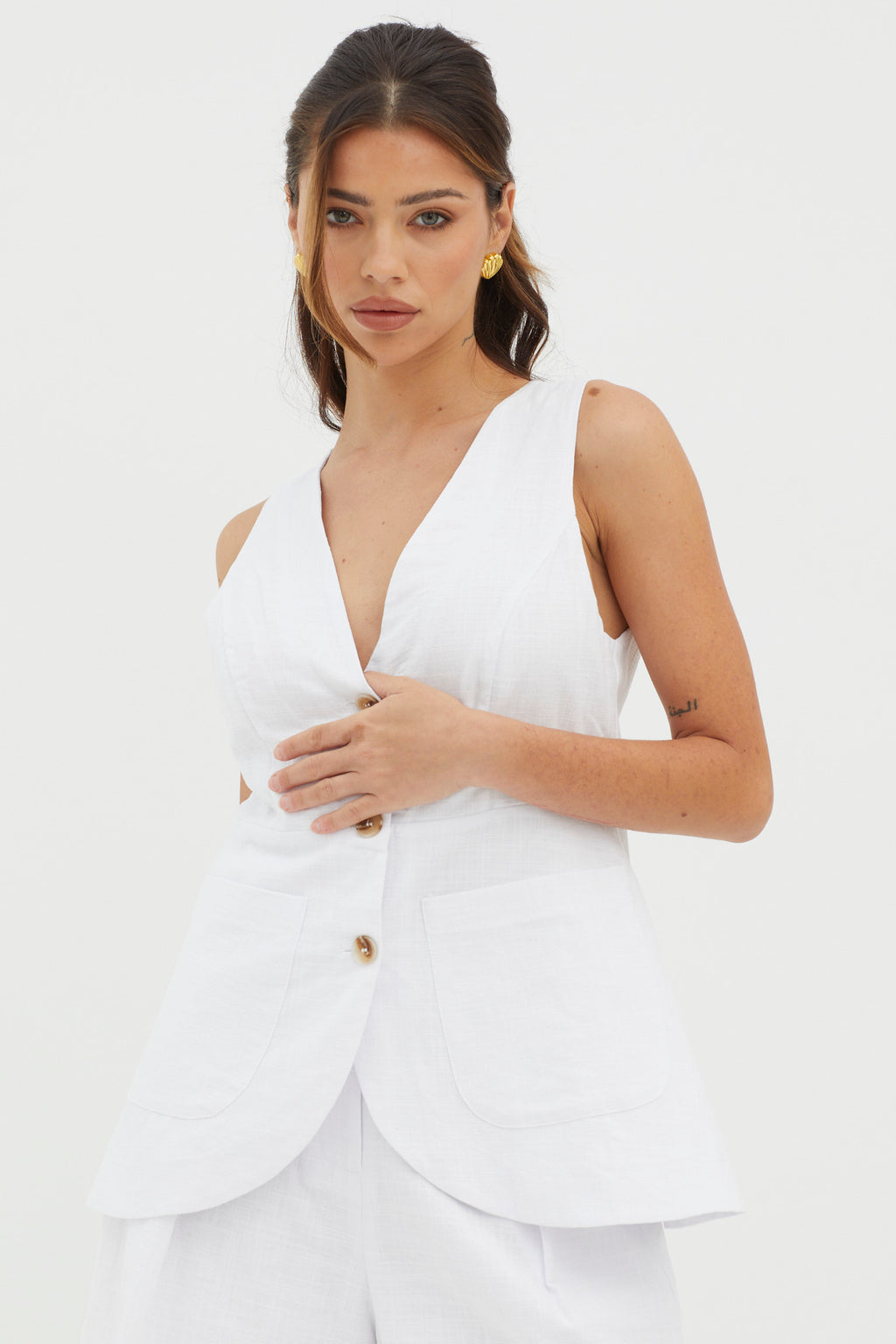 Philomena Button Pocket Vest Top White by Selfie Leslie