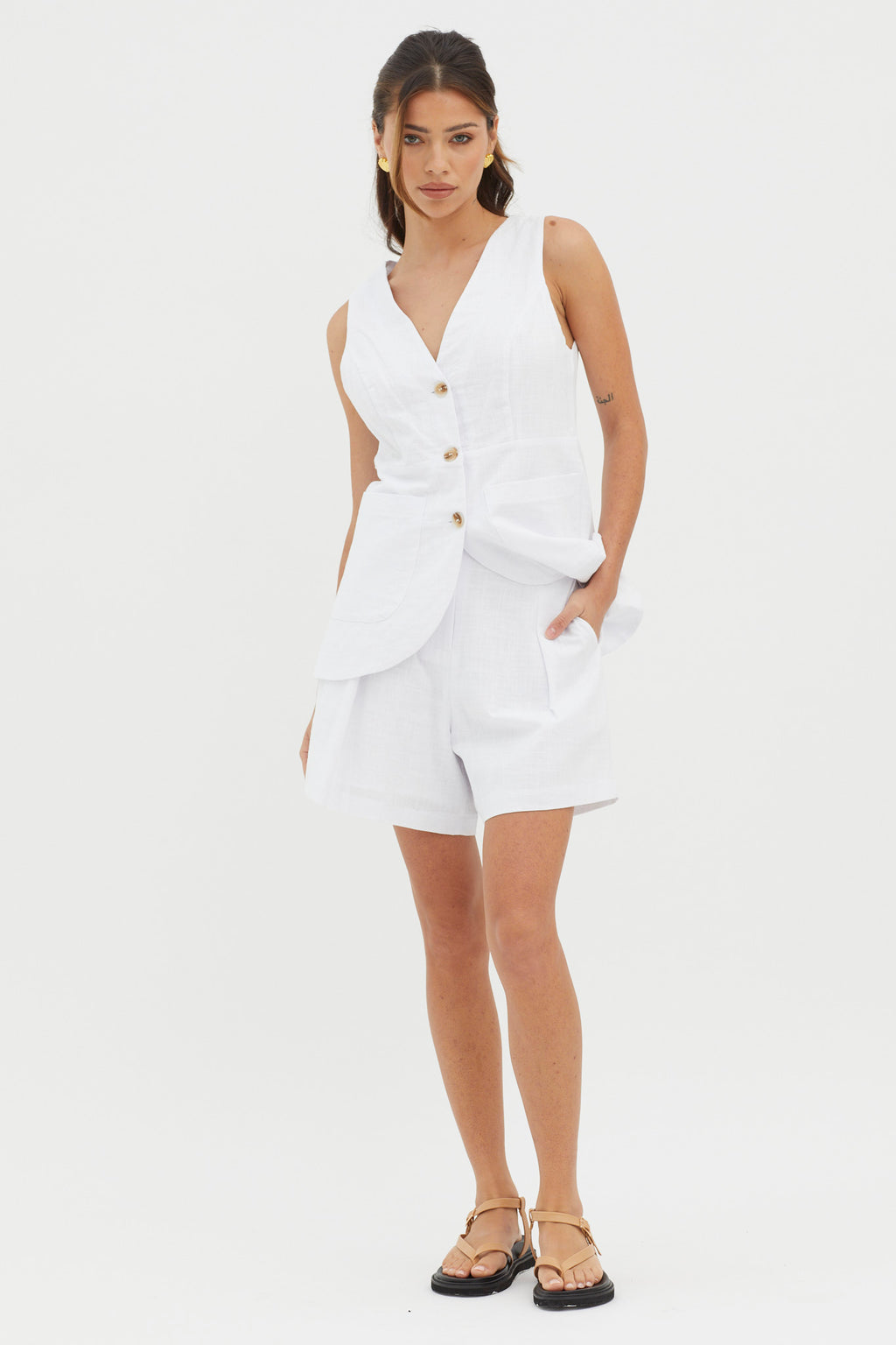 Philomena Button Pocket Vest Top White by Selfie Leslie