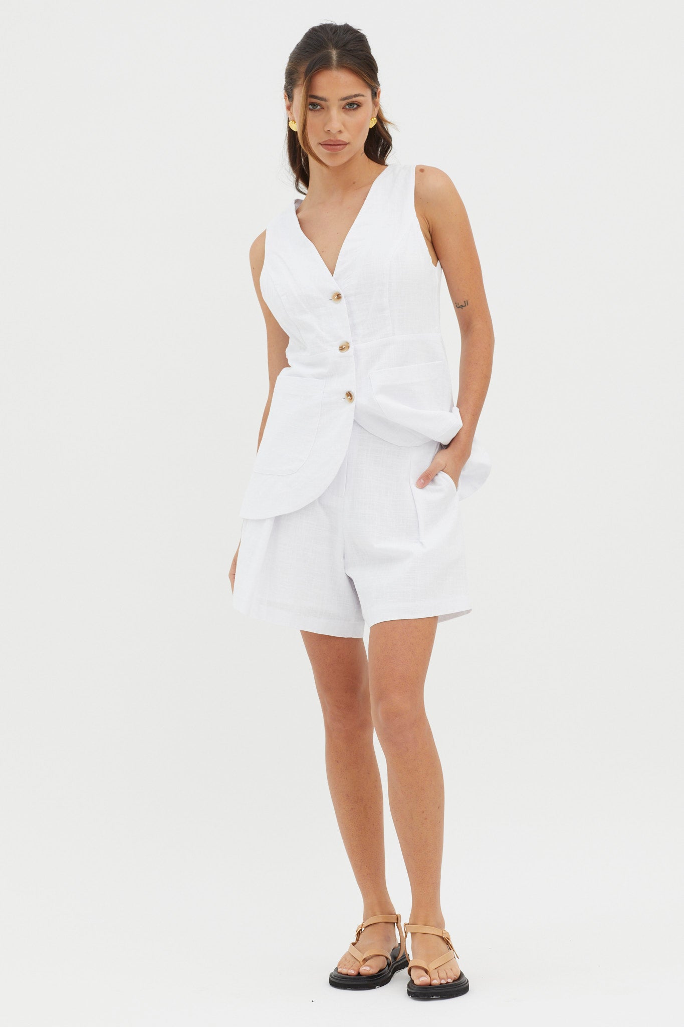 Philomena Button Pocket Vest Top White by Selfie Leslie