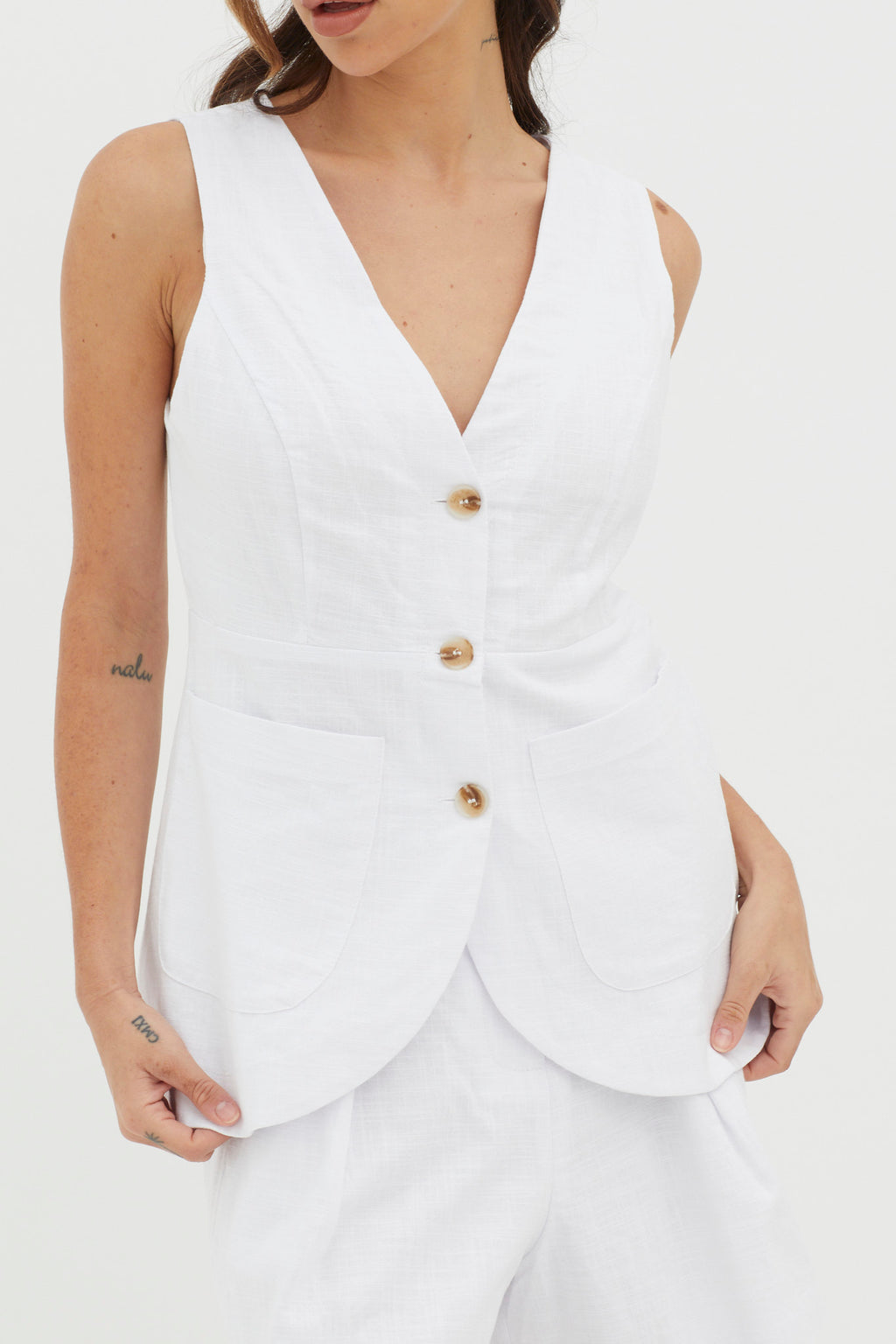 Philomena Button Pocket Vest Top White by Selfie Leslie