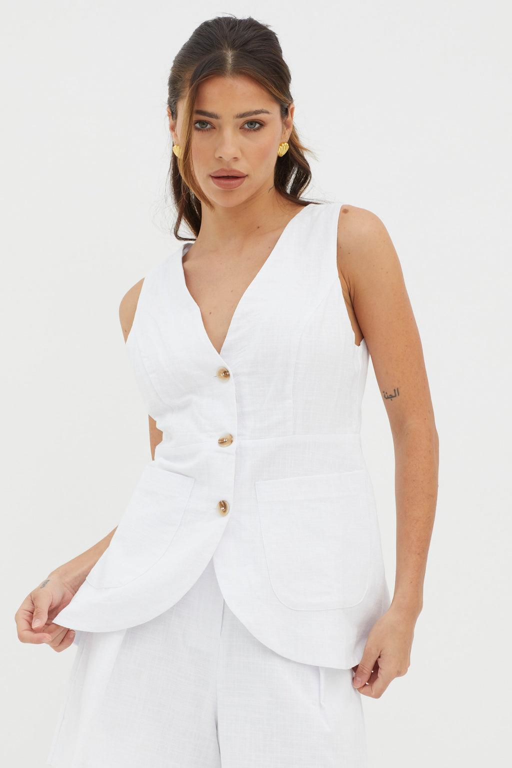 Philomena Button Pocket Vest Top White by Selfie Leslie