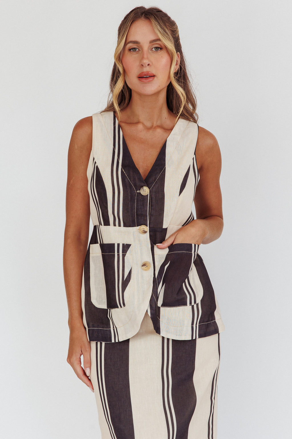 Philomena Button Pocket Vest Top Stripe Black by Selfie Leslie