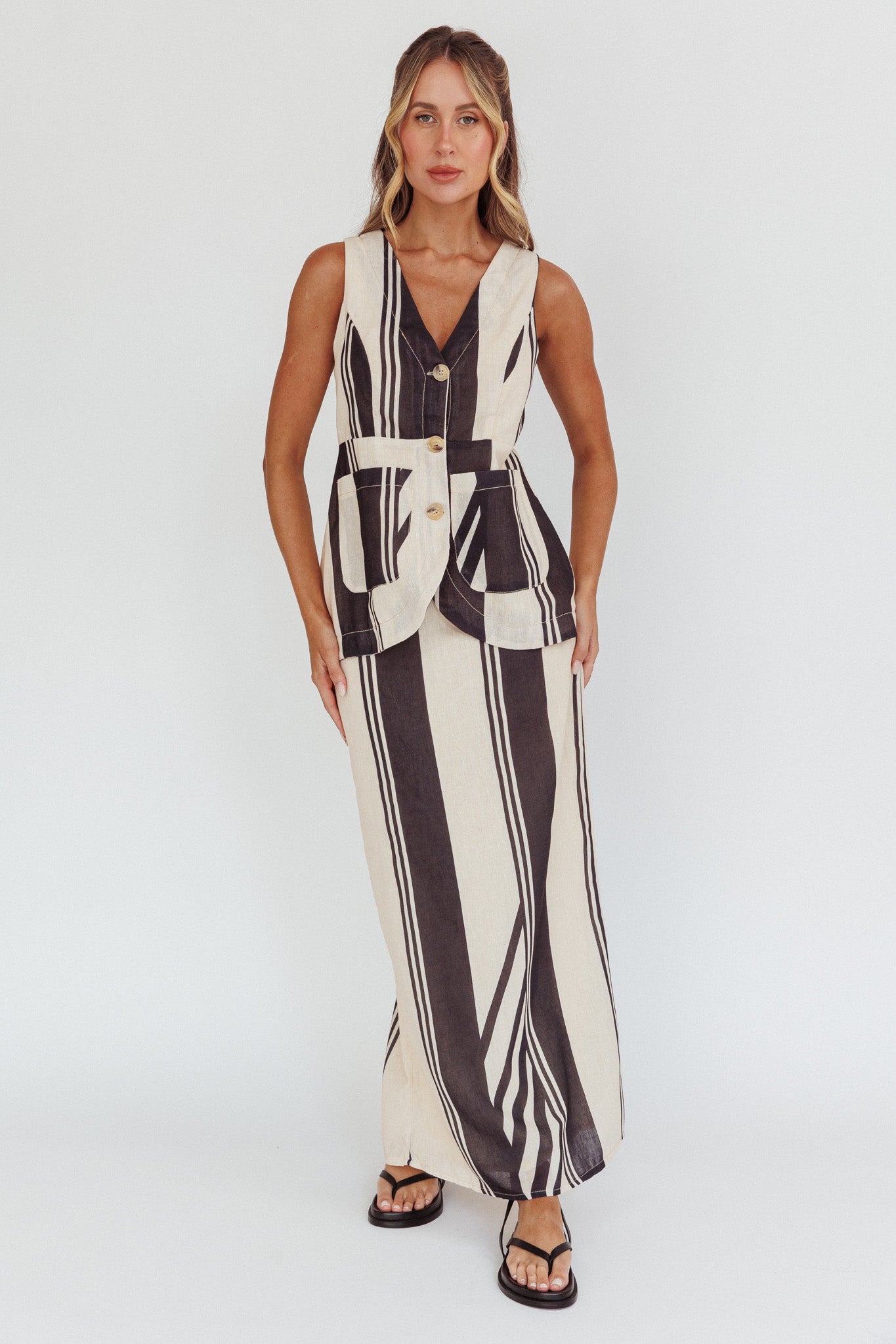 Philomena Button Pocket Vest Top Stripe Black by Selfie Leslie