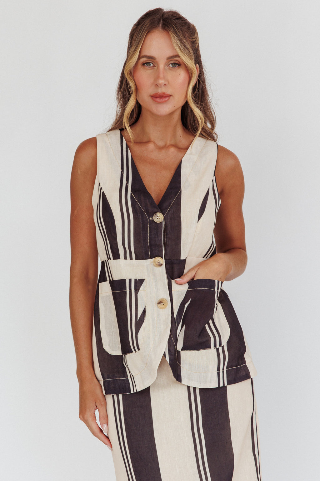 Philomena Button Pocket Vest Top Stripe Black by Selfie Leslie