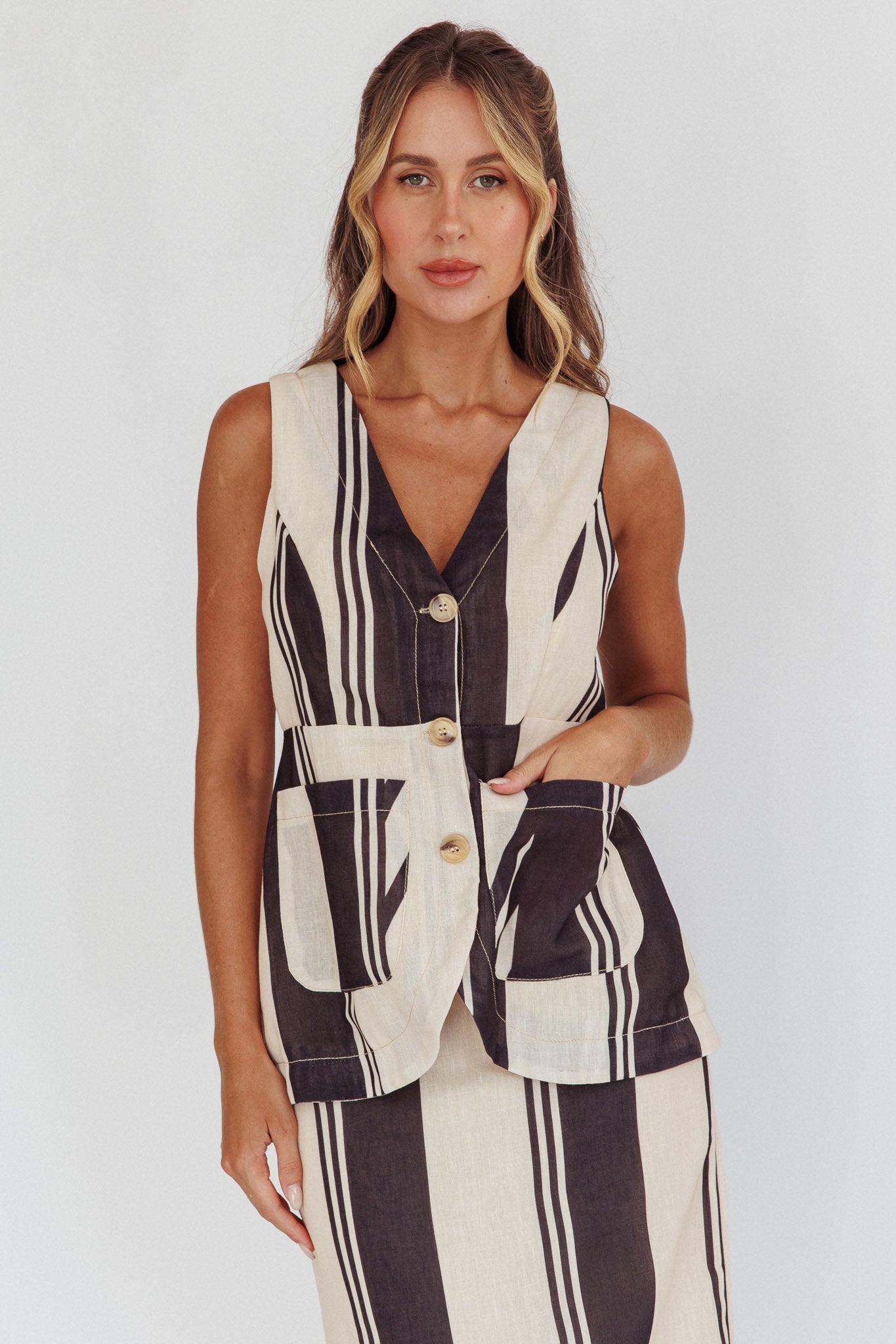 Philomena Button Pocket Vest Top Stripe Black by Selfie Leslie