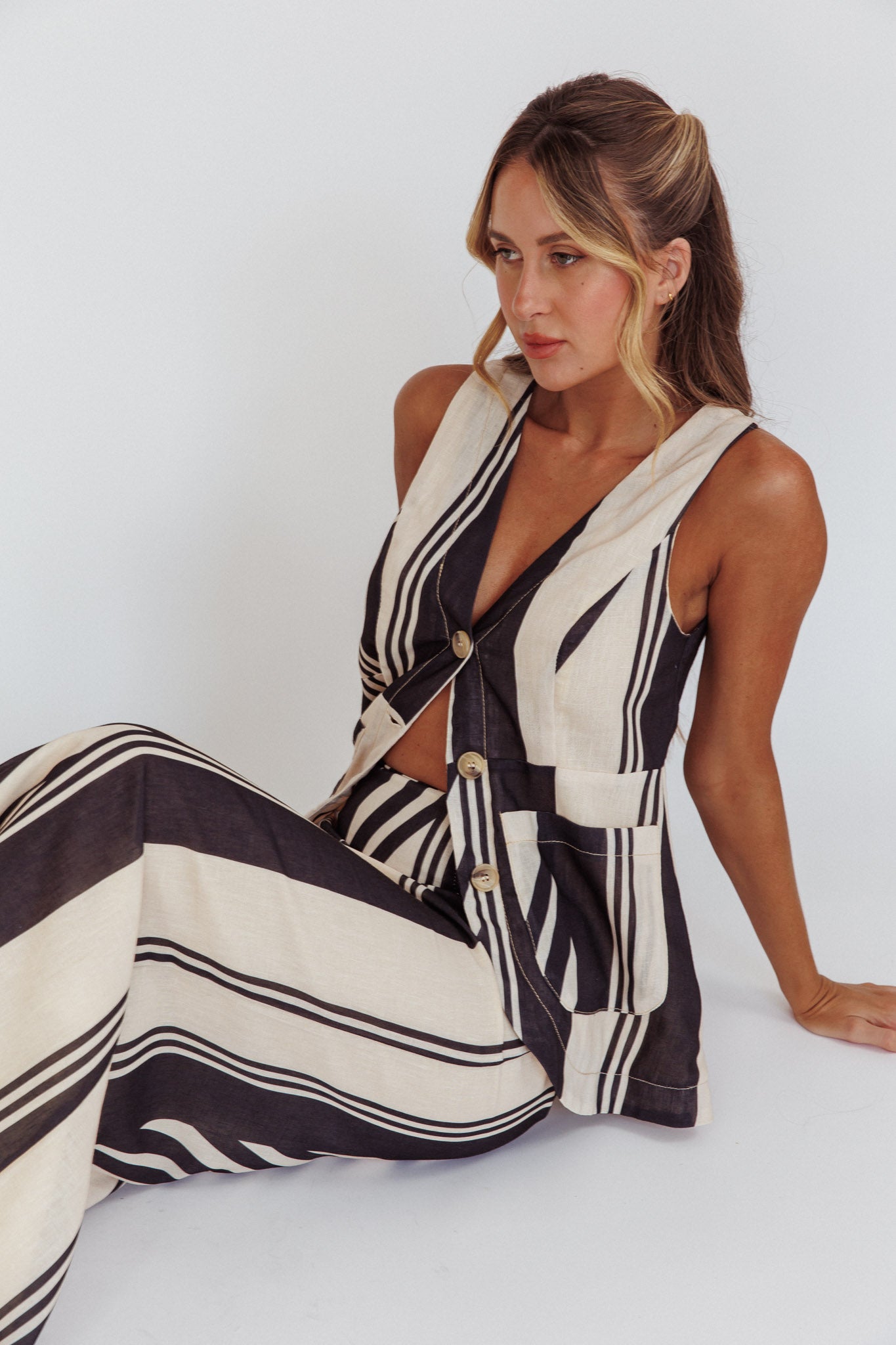 Philomena Button Pocket Vest Top Stripe Black by Selfie Leslie