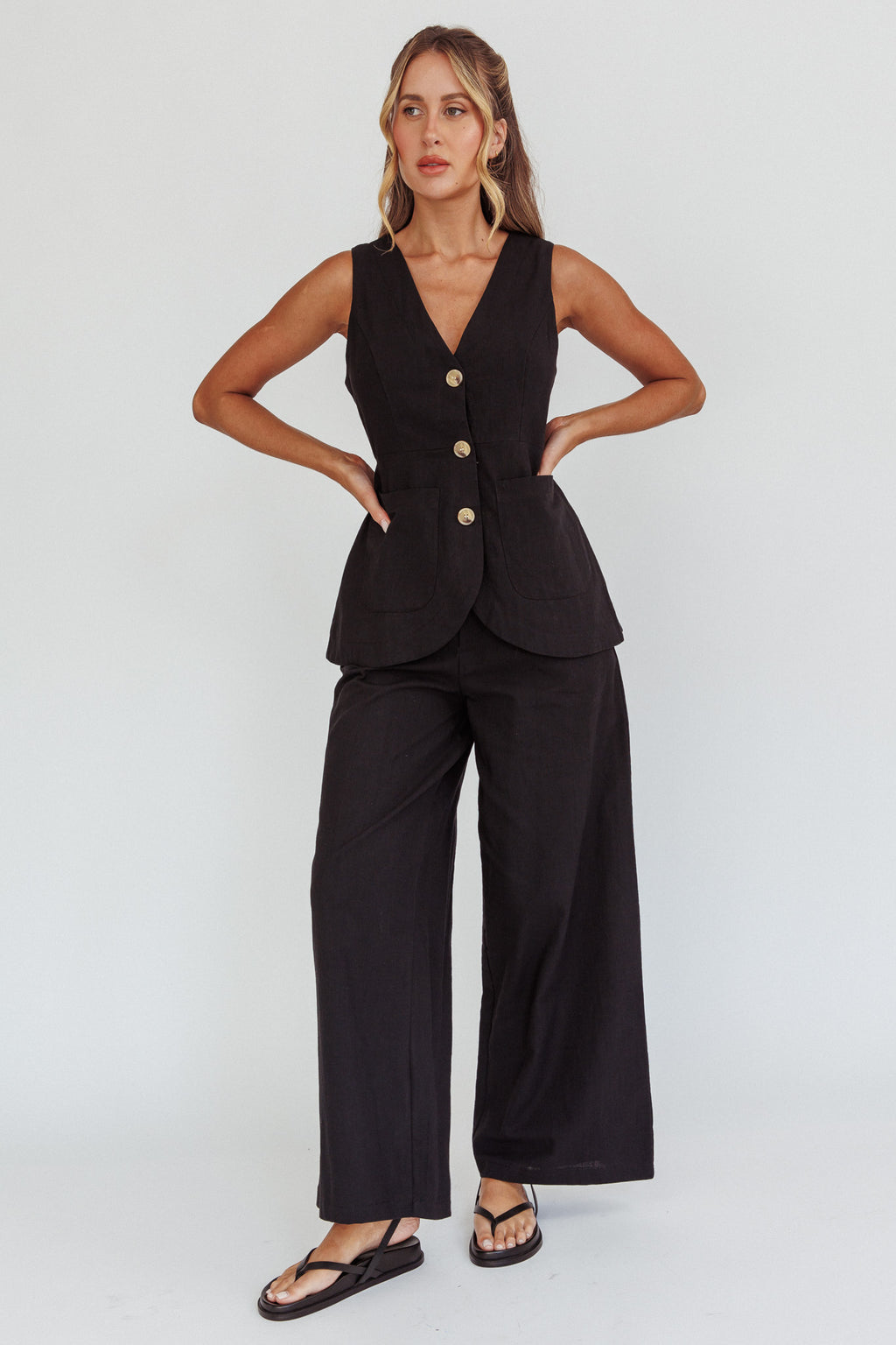 Philomena Button Pocket Vest Top Black by Selfie Leslie