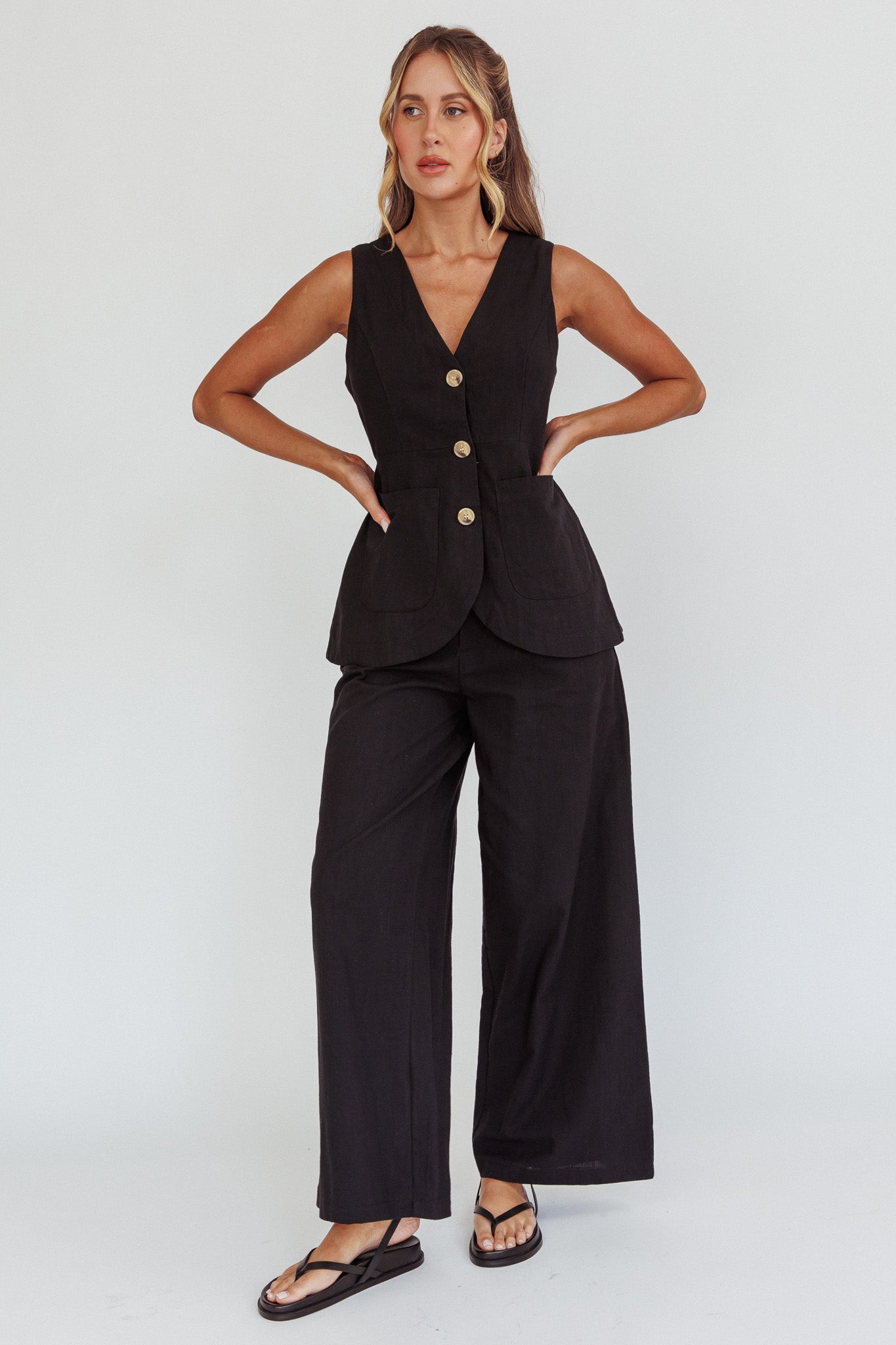 Philomena Button Pocket Vest Top Black by Selfie Leslie