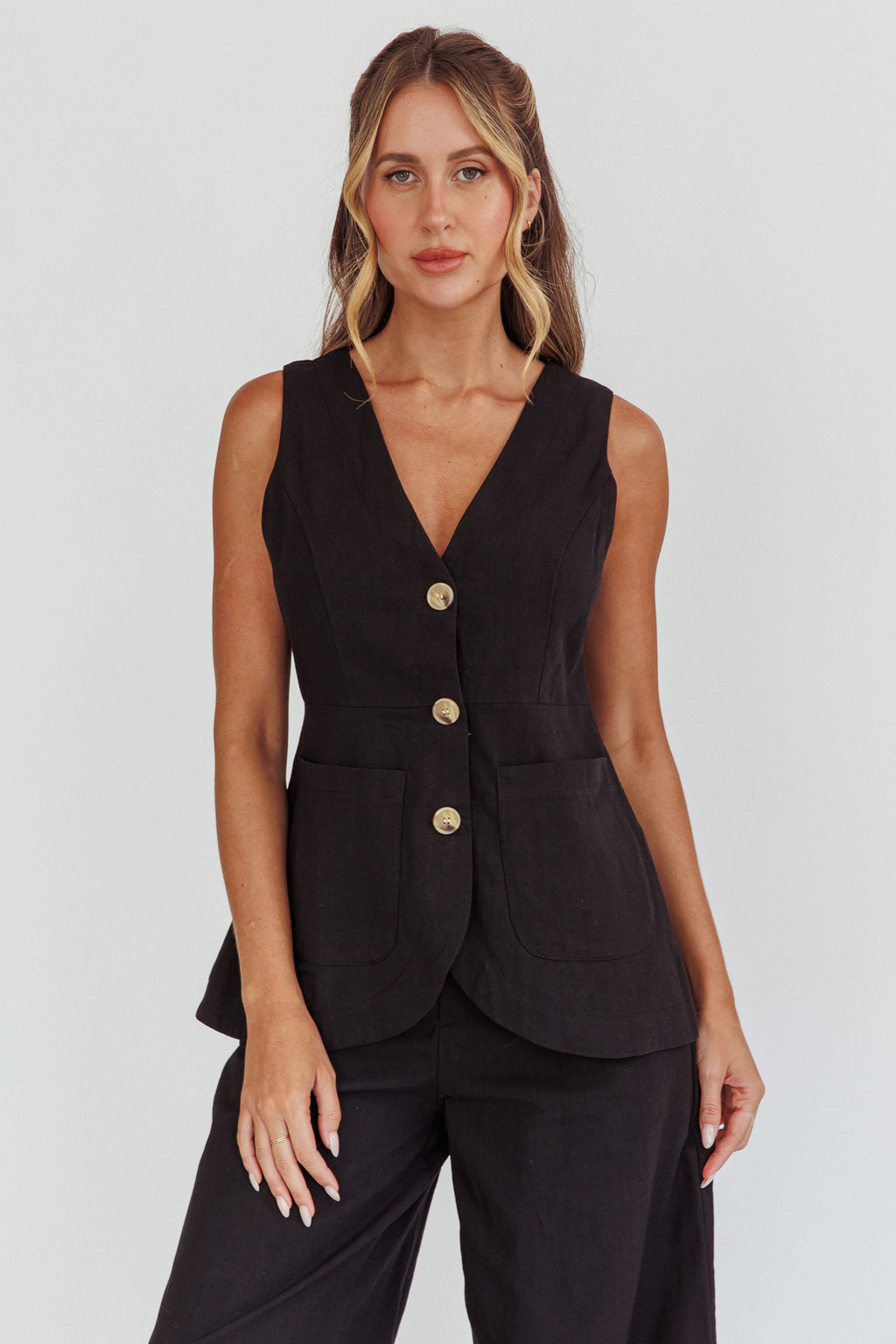 Philomena Button Pocket Vest Top Black by Selfie Leslie