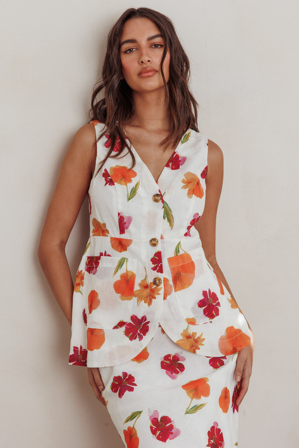 Philomena Button Front Pocket Vest Top Floral Orange Multi by Selfie Leslie