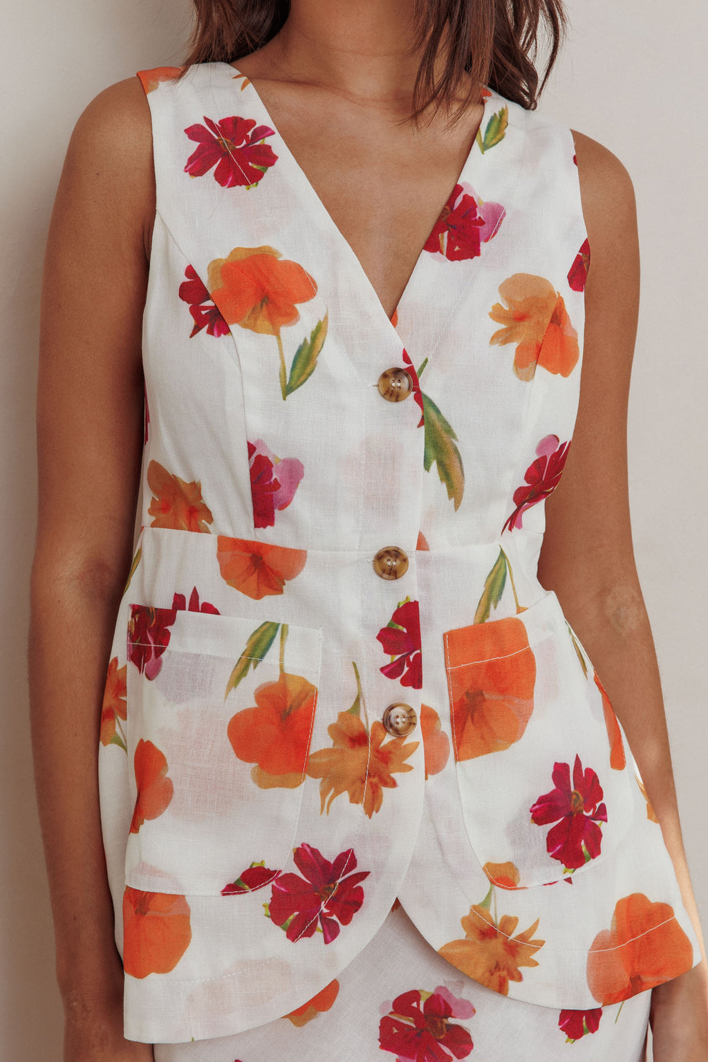 Philomena Button Front Pocket Vest Top Floral Orange Multi by Selfie Leslie