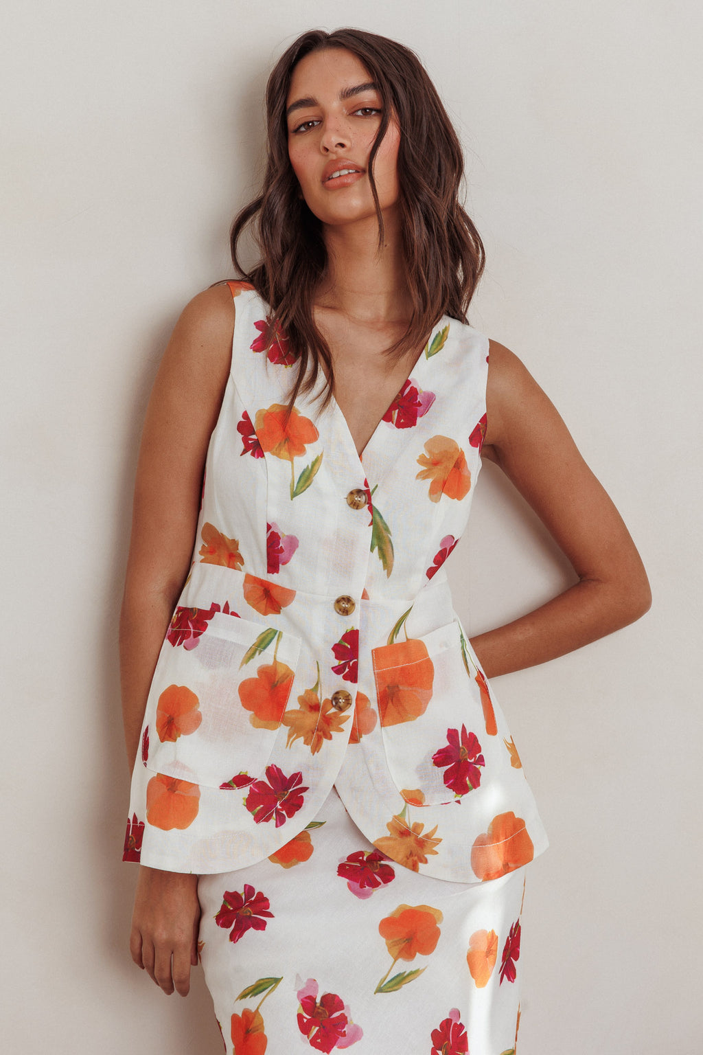 Philomena Button Front Pocket Vest Top Floral Orange Multi by Selfie Leslie
