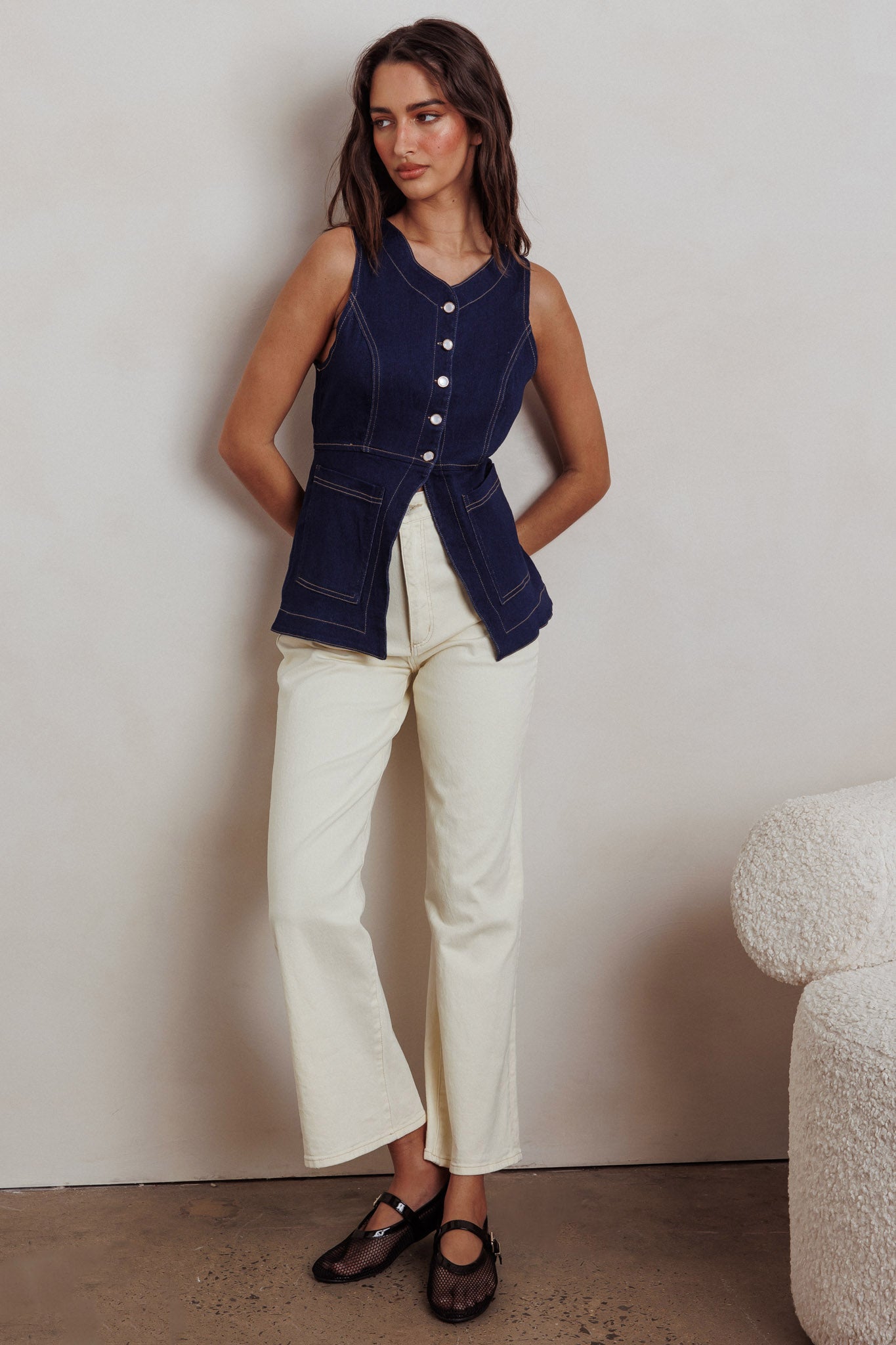 Philomena Button Front Pocket Vest Top Denim | Selfie Leslie