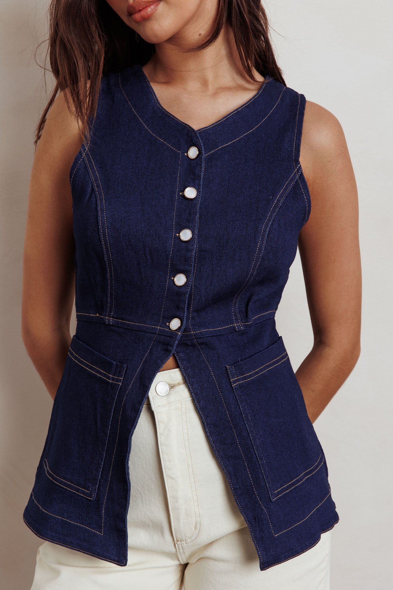 Philomena Button Front Pocket Vest Top Denim by Selfie Leslie