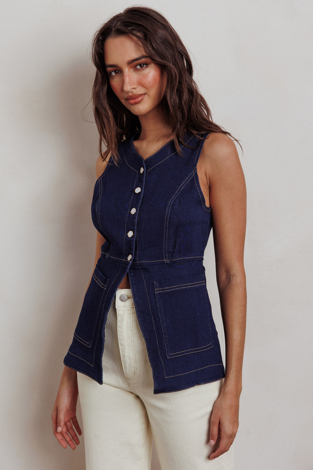 Philomena Button Front Pocket Vest Top Denim by Selfie Leslie