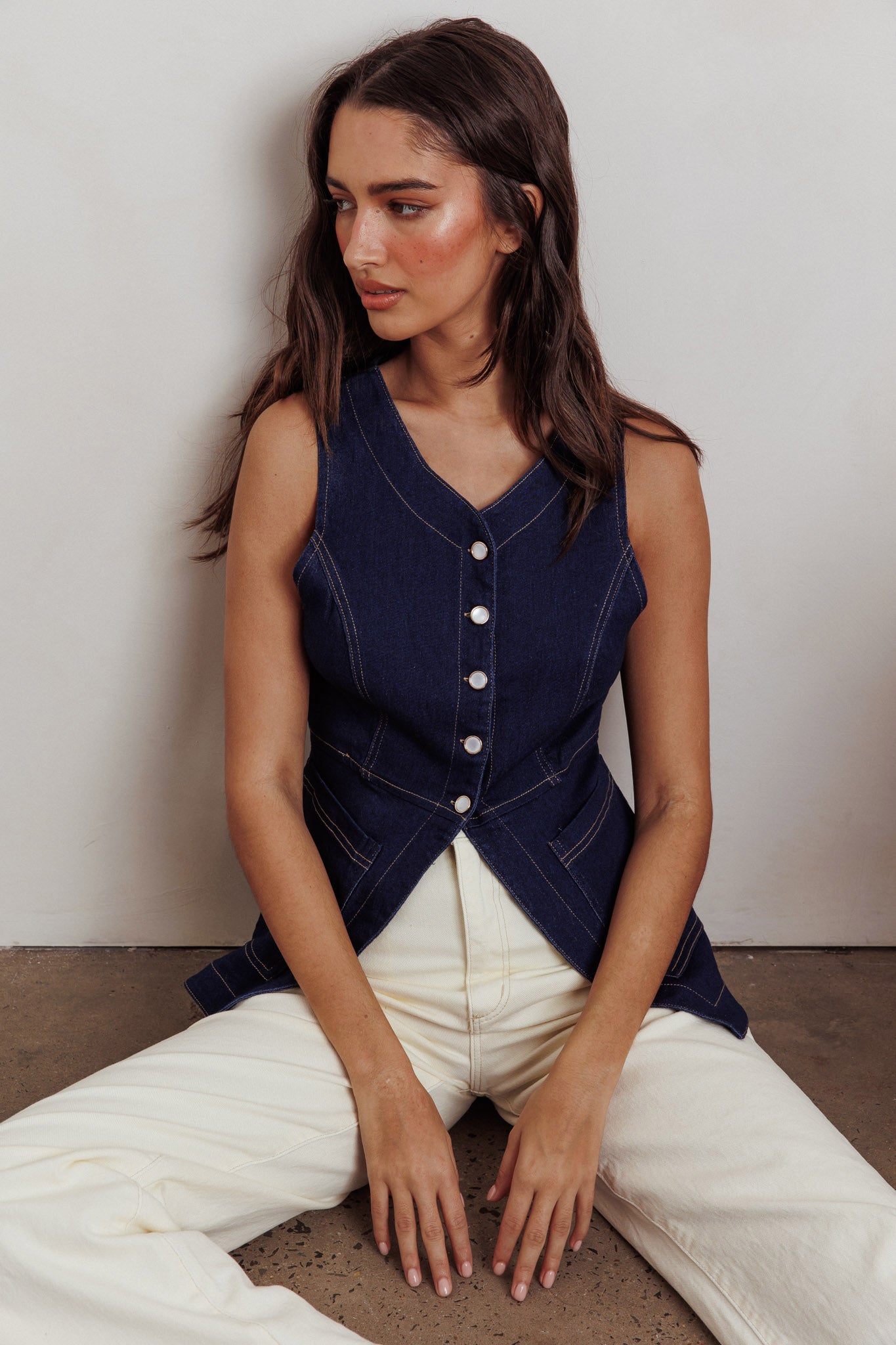 Philomena Button Front Pocket Vest Top Denim– Selfie Leslie