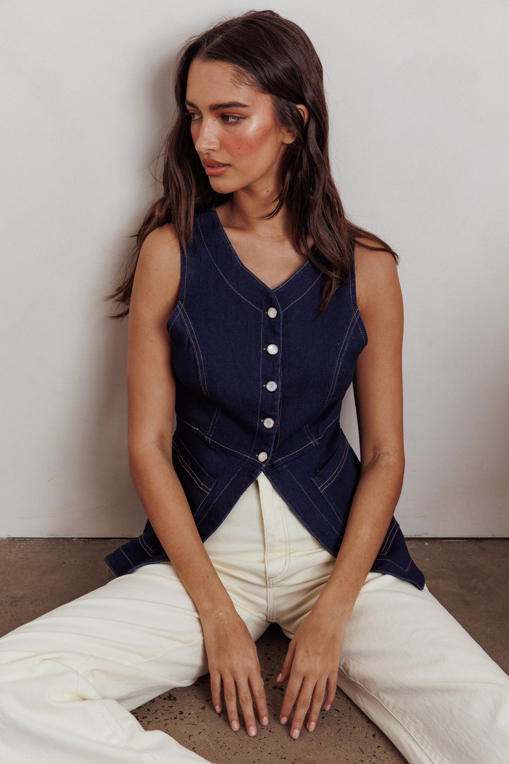 Philomena Button Front Pocket Vest Top Denim by Selfie Leslie
