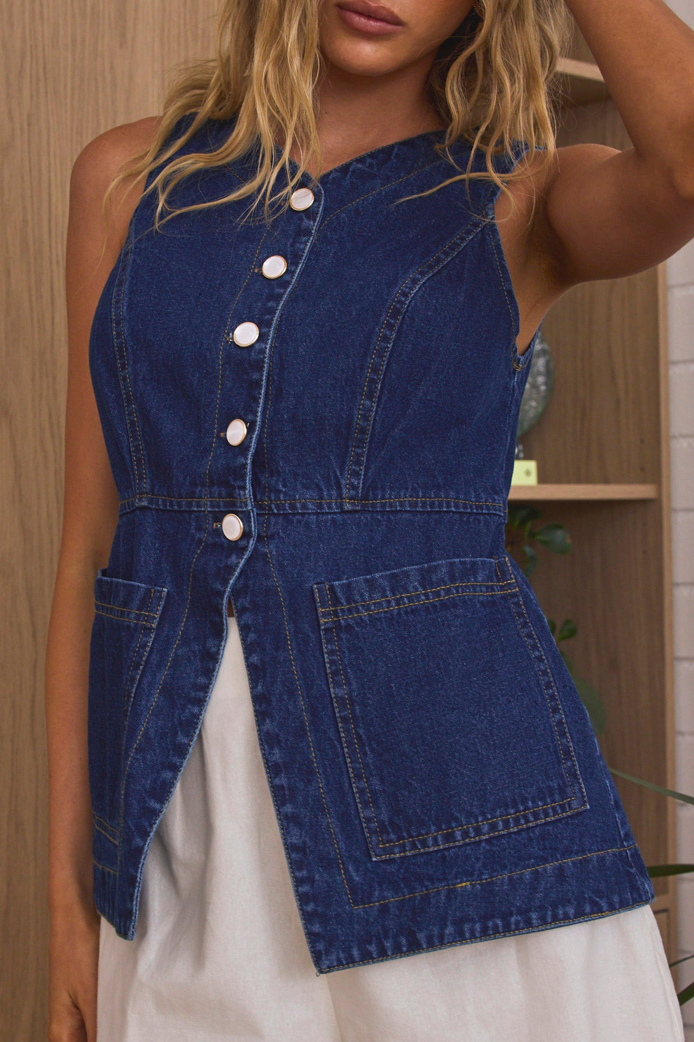 Philomena Button Front Vest Top Indigo by Selfie Leslie