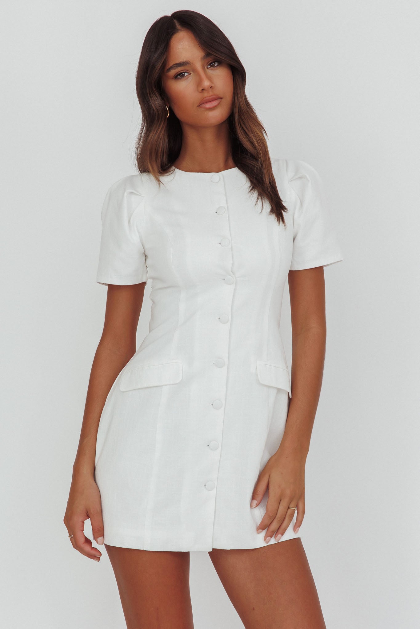 Philomena Button Front Mini Dress White by Selfie Leslie