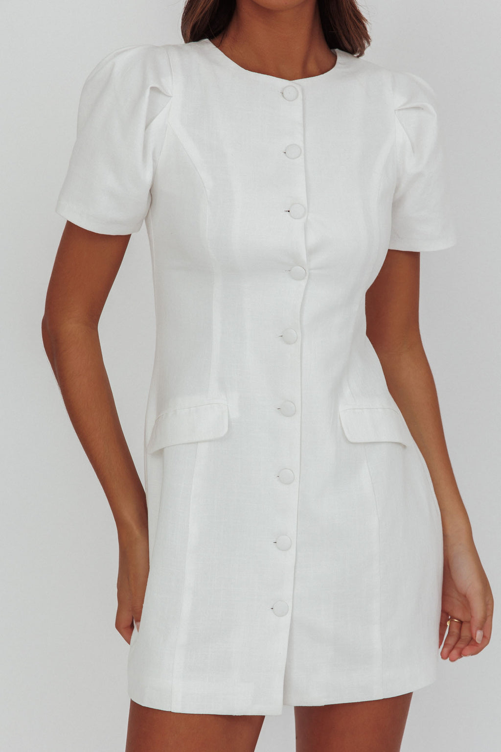 Philomena Button Front Mini Dress White by Selfie Leslie