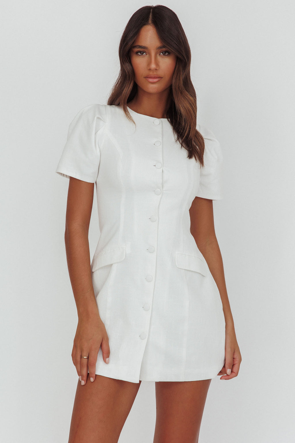Philomena Button Front Mini Dress White by Selfie Leslie