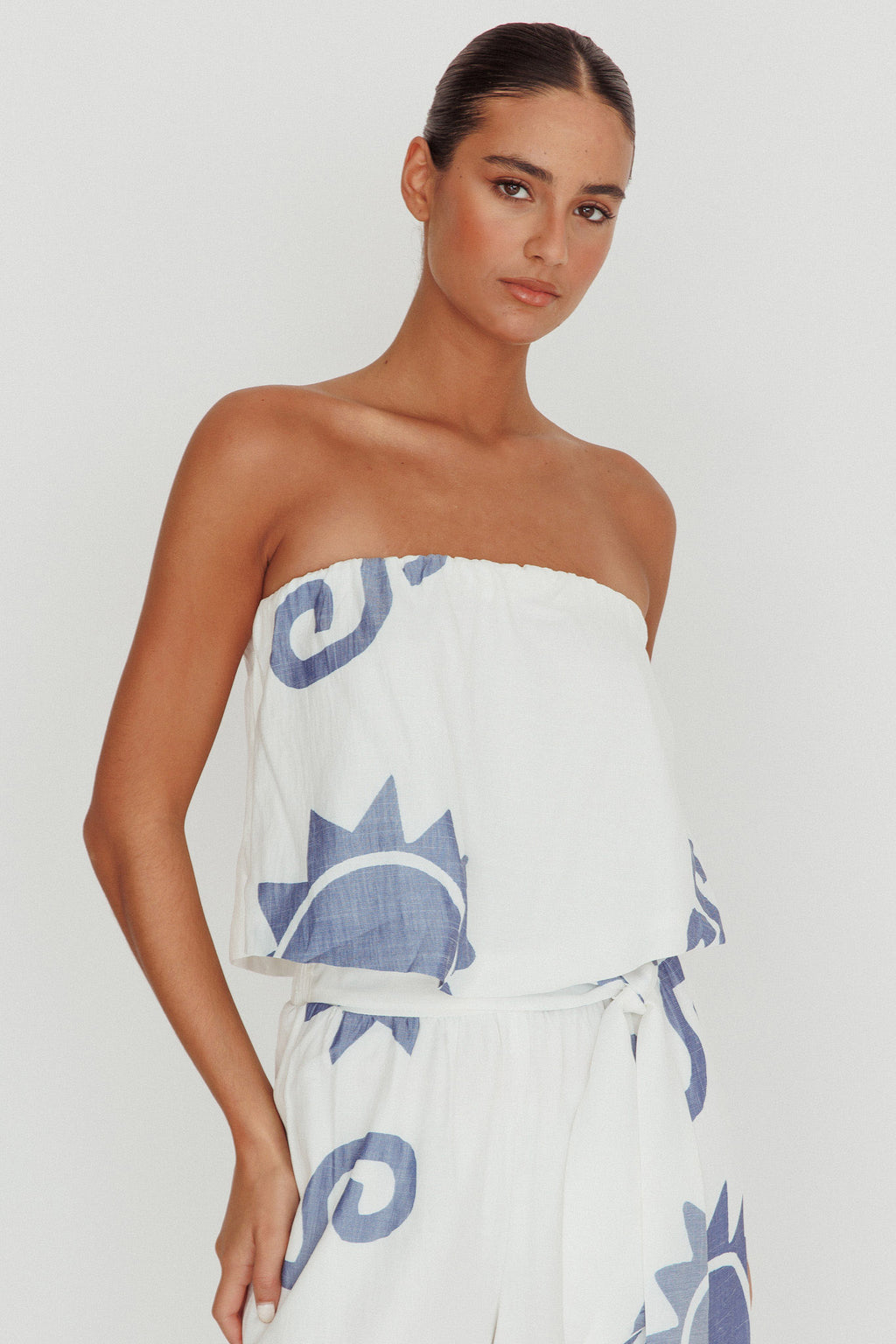 Nectar Sun Print Strapless Top Blue by Selfie Leslie