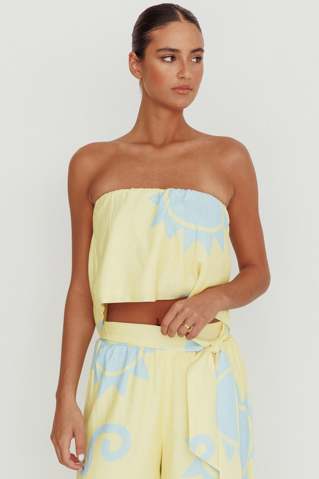 Nectar Sun Print Strapless Top Yellow by Selfie Leslie