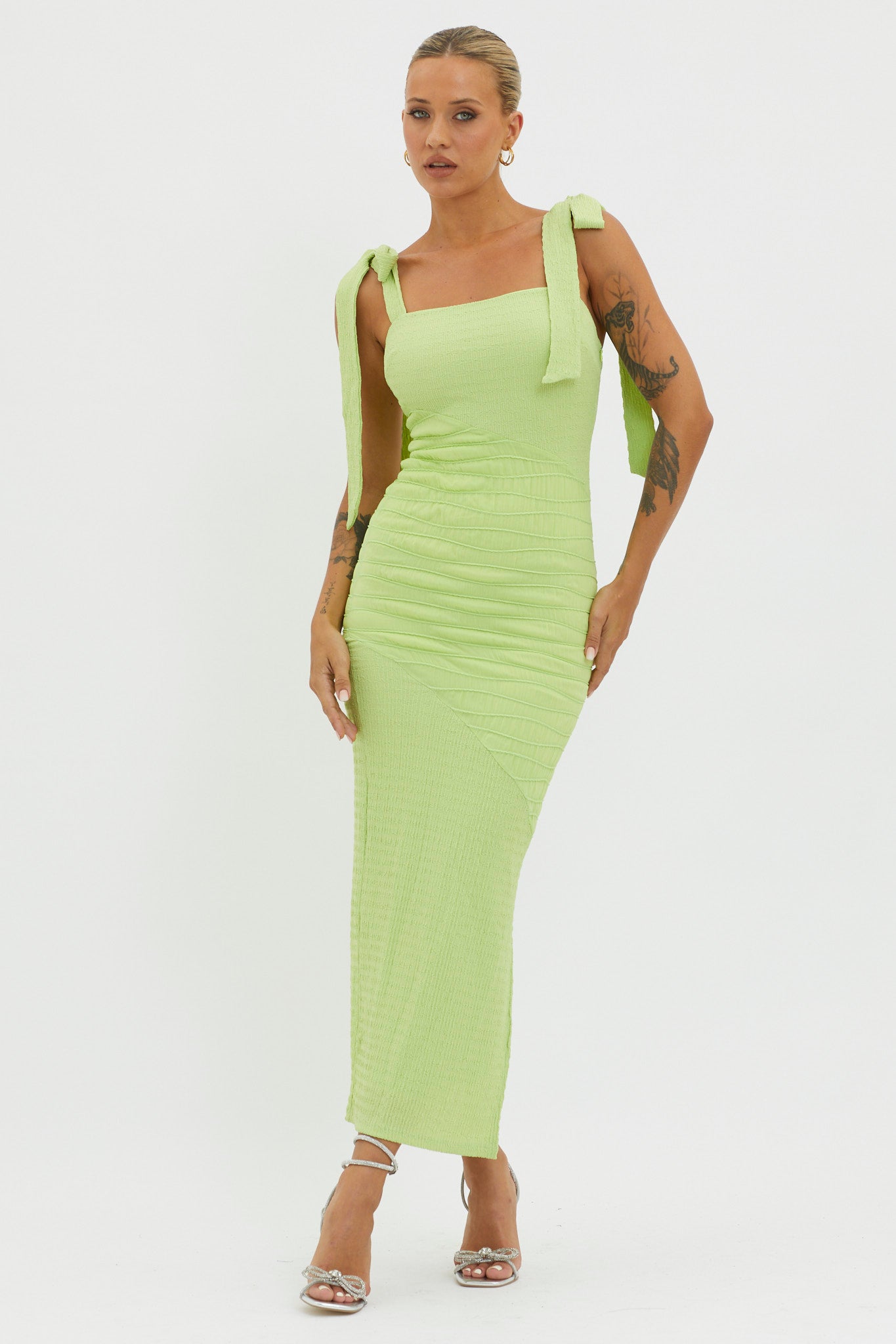 Shop the Bindi Puckered Tied Strap Dress Green | Selfie Leslie