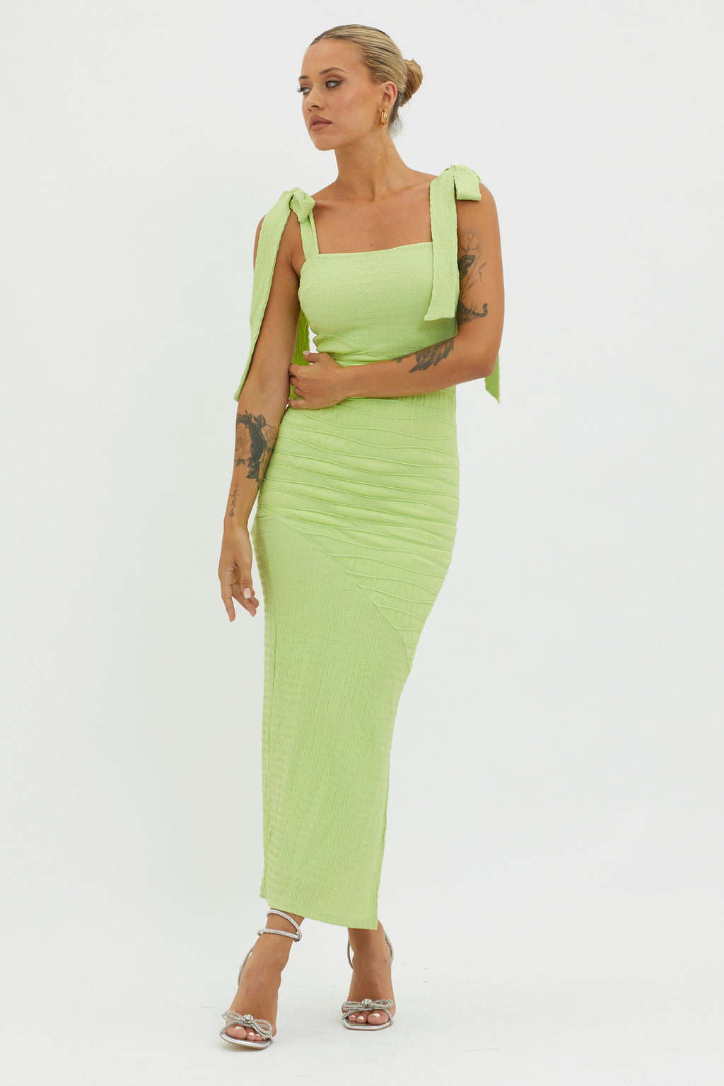 Bindi Puckered Tied Strap Dress Green by Selfie Leslie