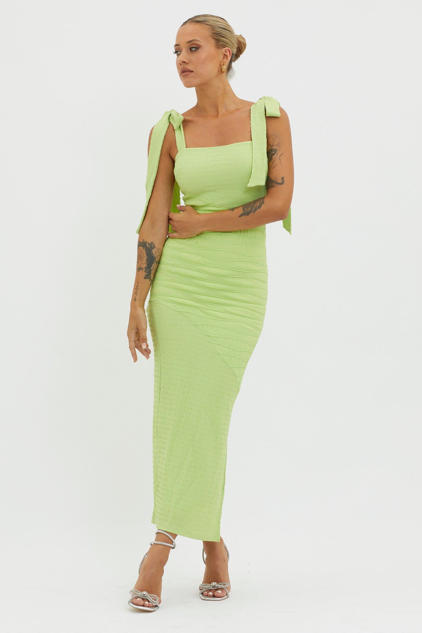 Bindi Puckered Tied Strap Dress Green by Selfie Leslie