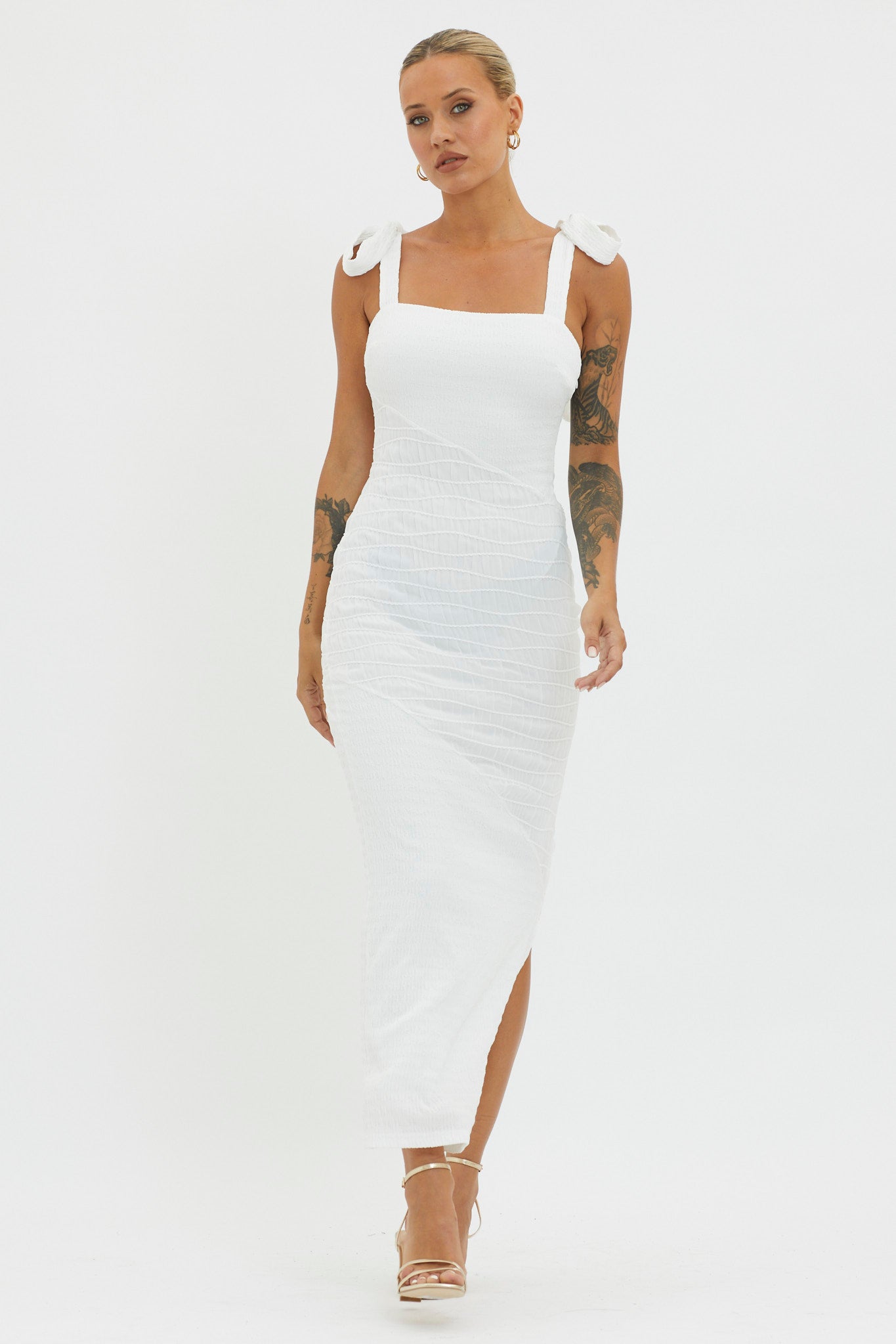Bindi Puckered Tied Strap Dress White by Selfie Leslie