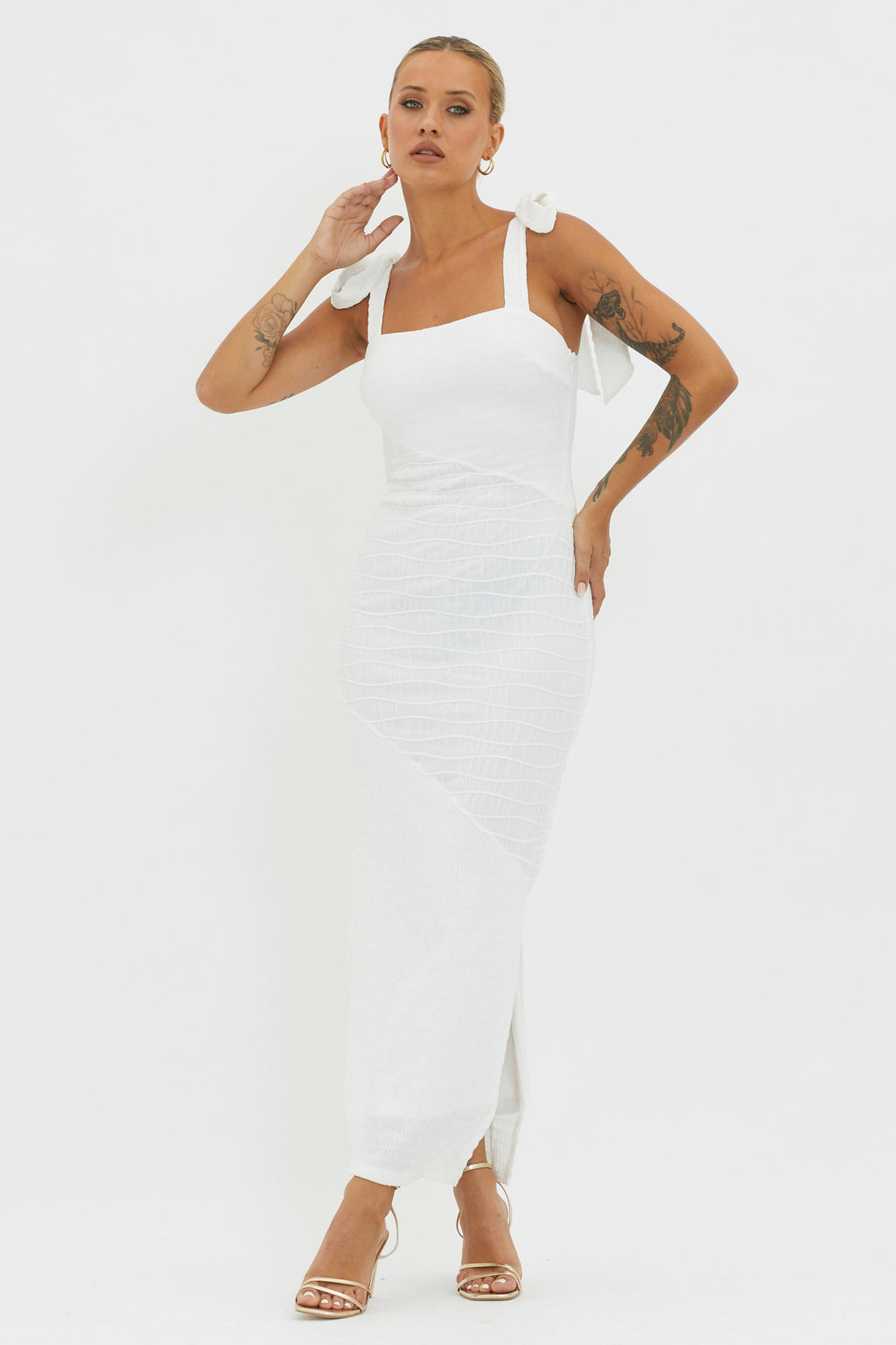 Bindi Puckered Tied Strap Dress White by Selfie Leslie