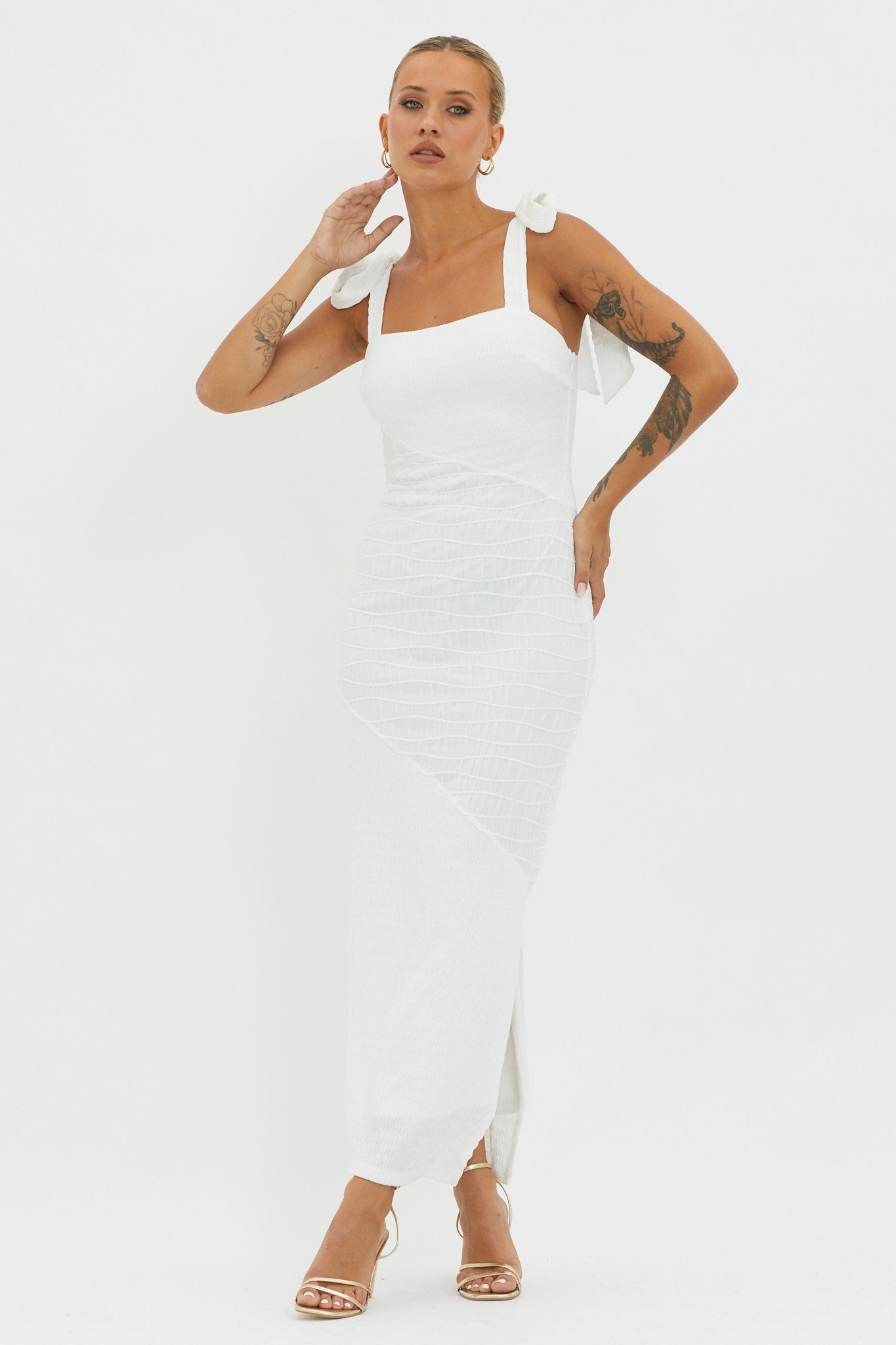Bindi Puckered Tied Strap Dress White by Selfie Leslie