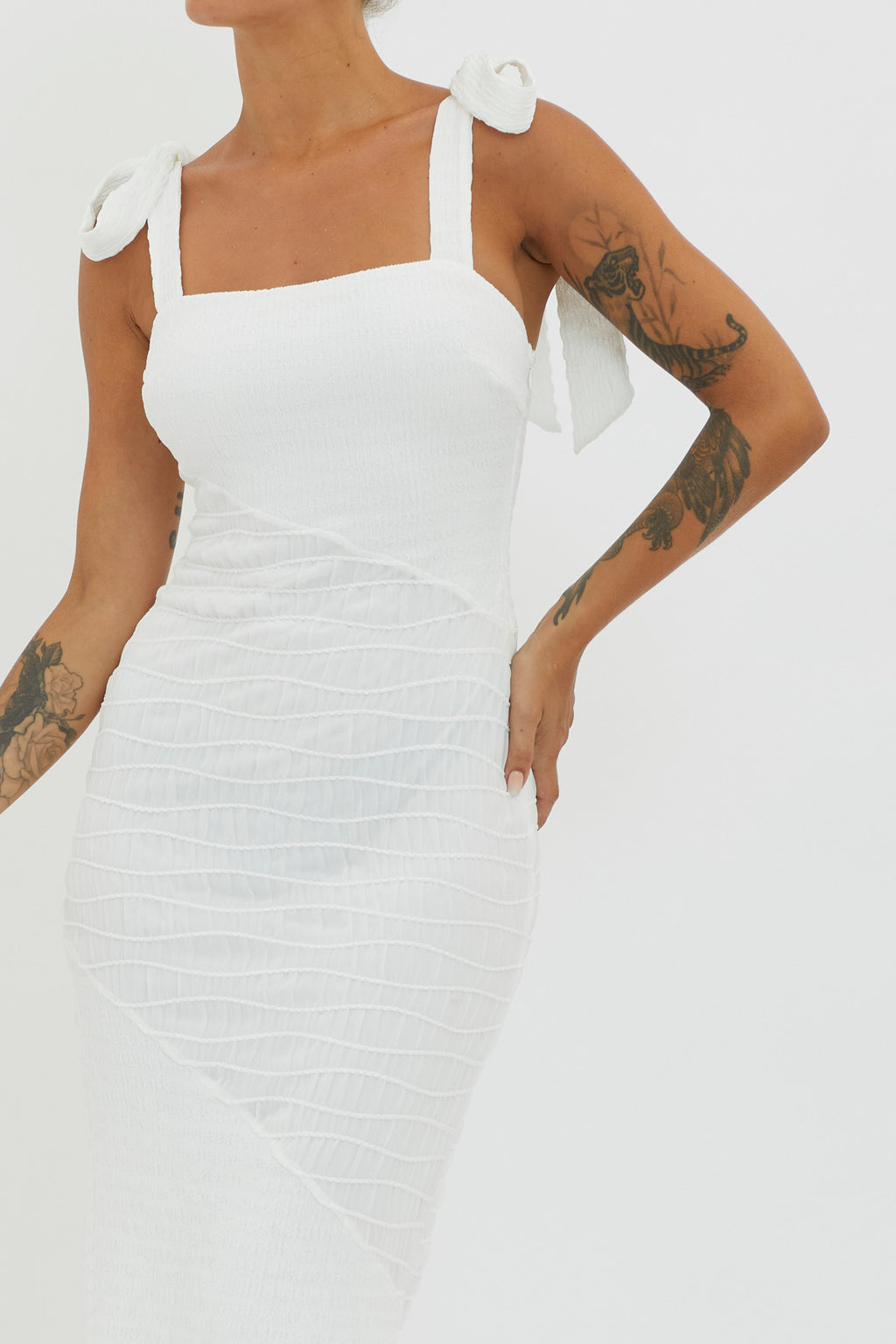Bindi Puckered Tied Strap Dress White by Selfie Leslie