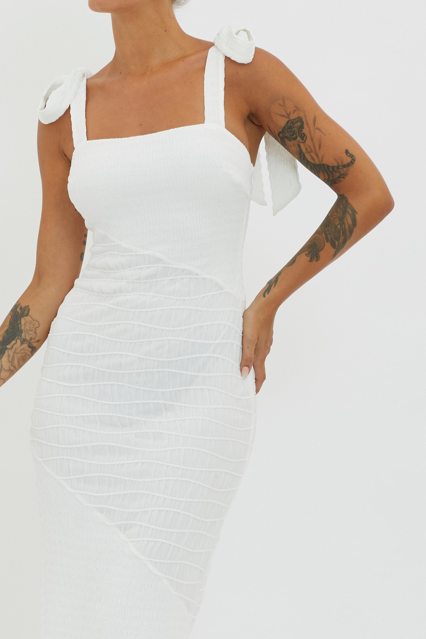 Bindi Puckered Tied Strap Dress White by Selfie Leslie